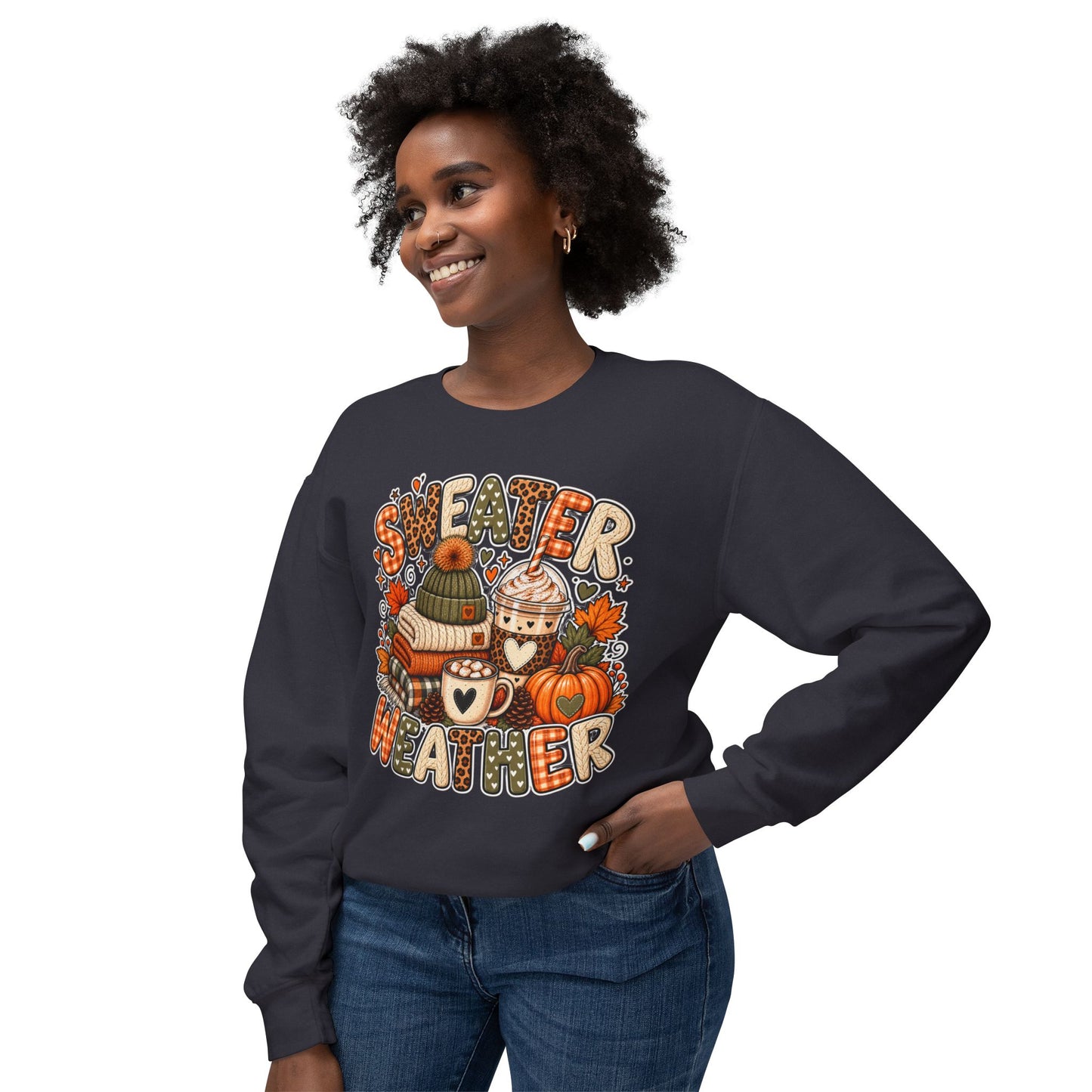 Sweater Weather Crewneck Sweatshirt – Cozy Fall Pumpkin & Hot Cocoa Graphic
