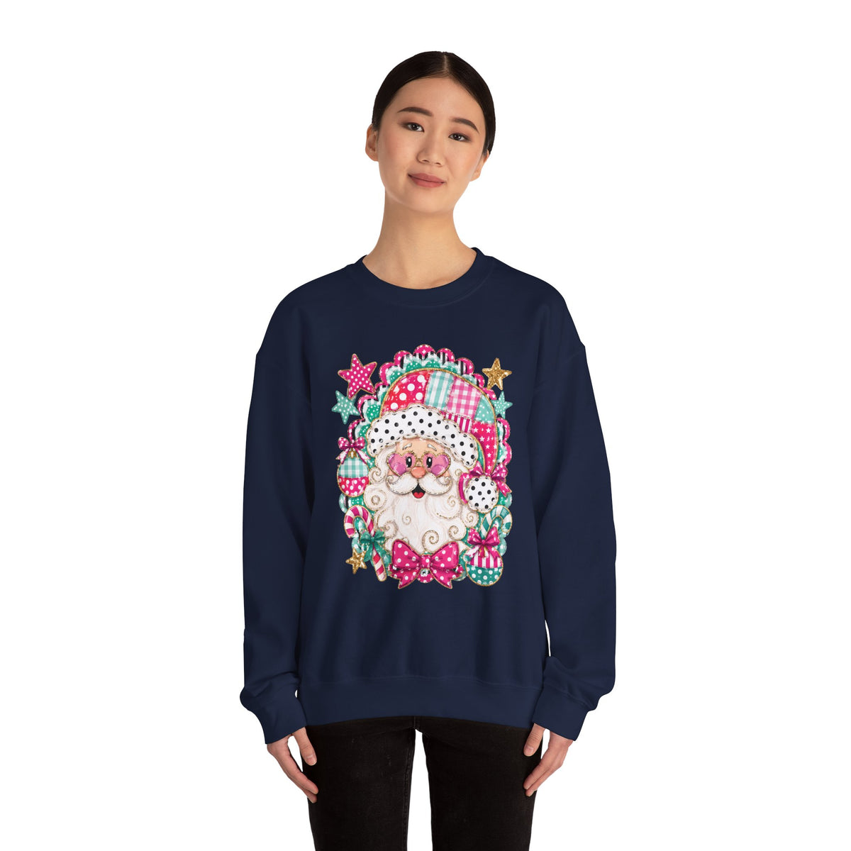 Pink Patchwork Santa Sweatshirt — Cute Christmas Crewneck for Women & Kids
