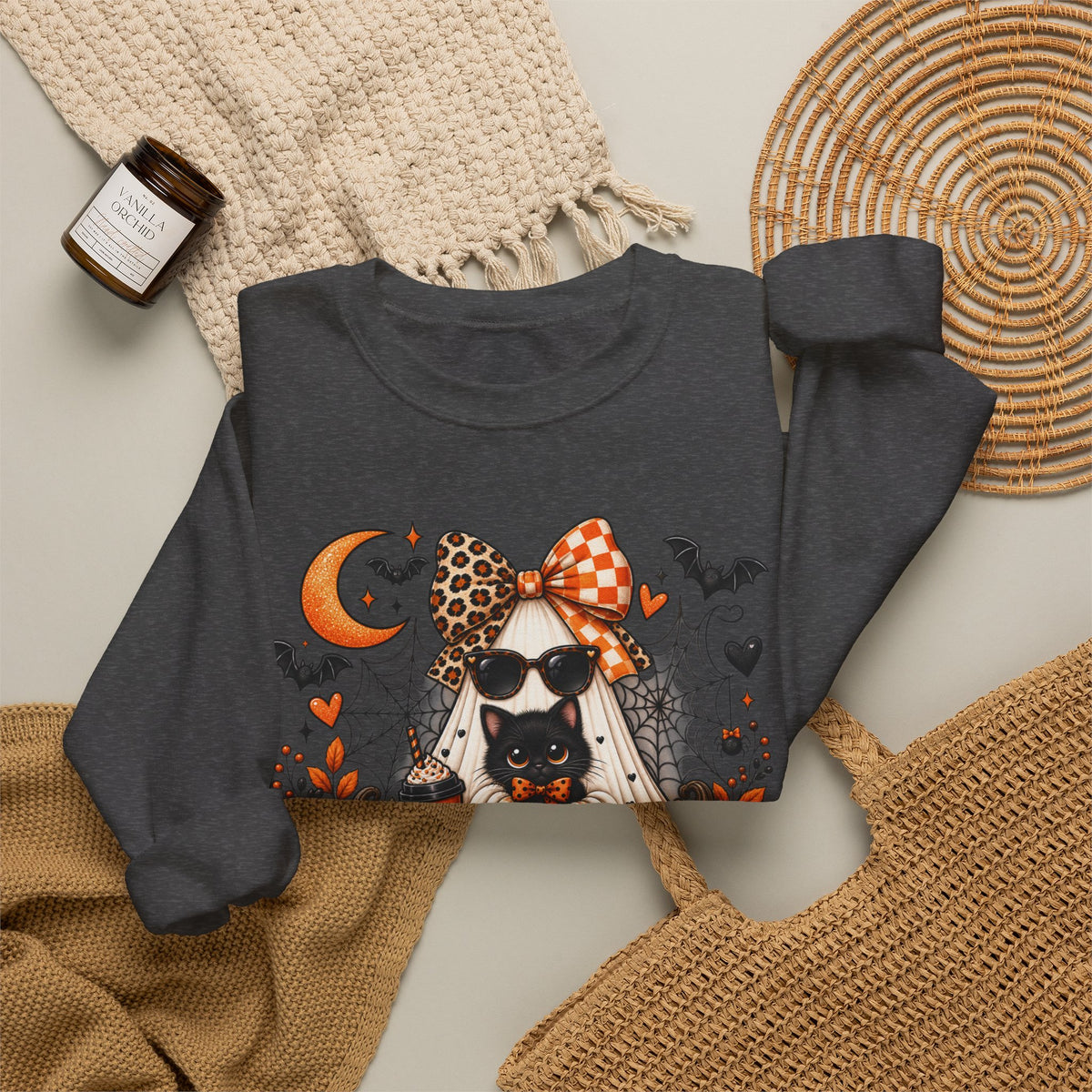 Halloween Black Cat Crewneck Sweatshirt — Cute Spooky Fall Sweater
