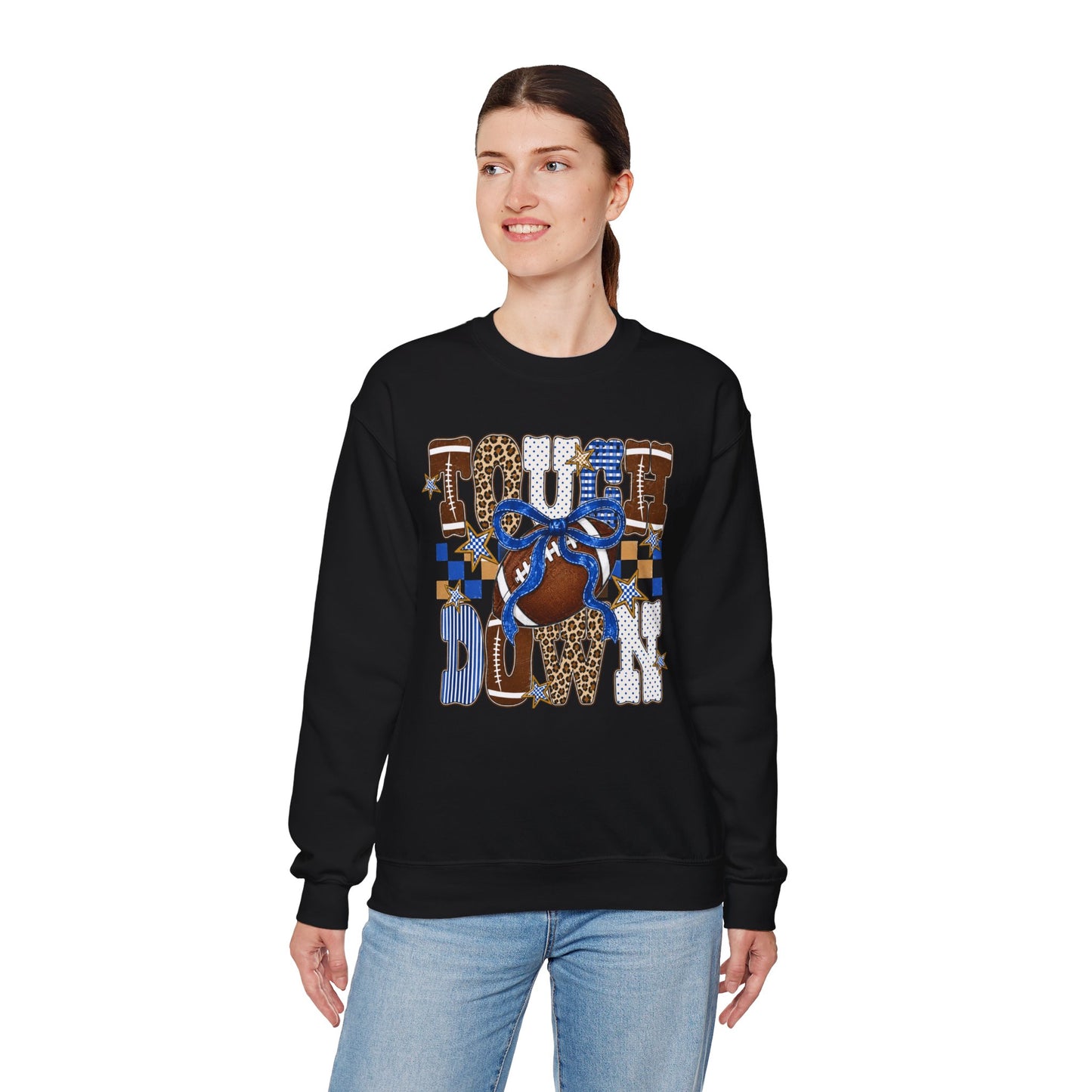 Touchdown Football Crewneck Sweatshirt — Blue & Leopard Print Game Day Pullover