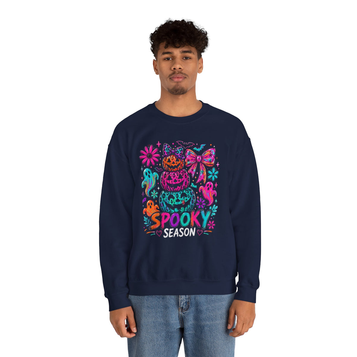 Spooky Season Sweatshirt — Colorful Neon Halloween Pumpkin & Ghost Crewneck