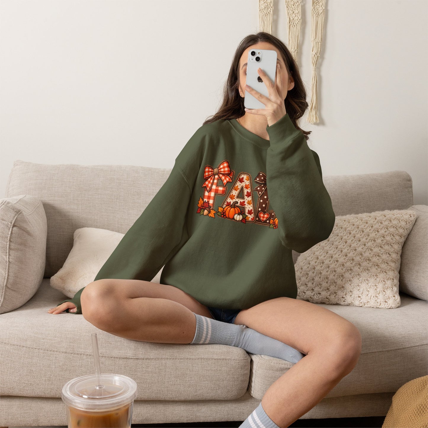 Fall Plaid Crewneck Sweatshirt — Autumn Pumpkins & Bows Design