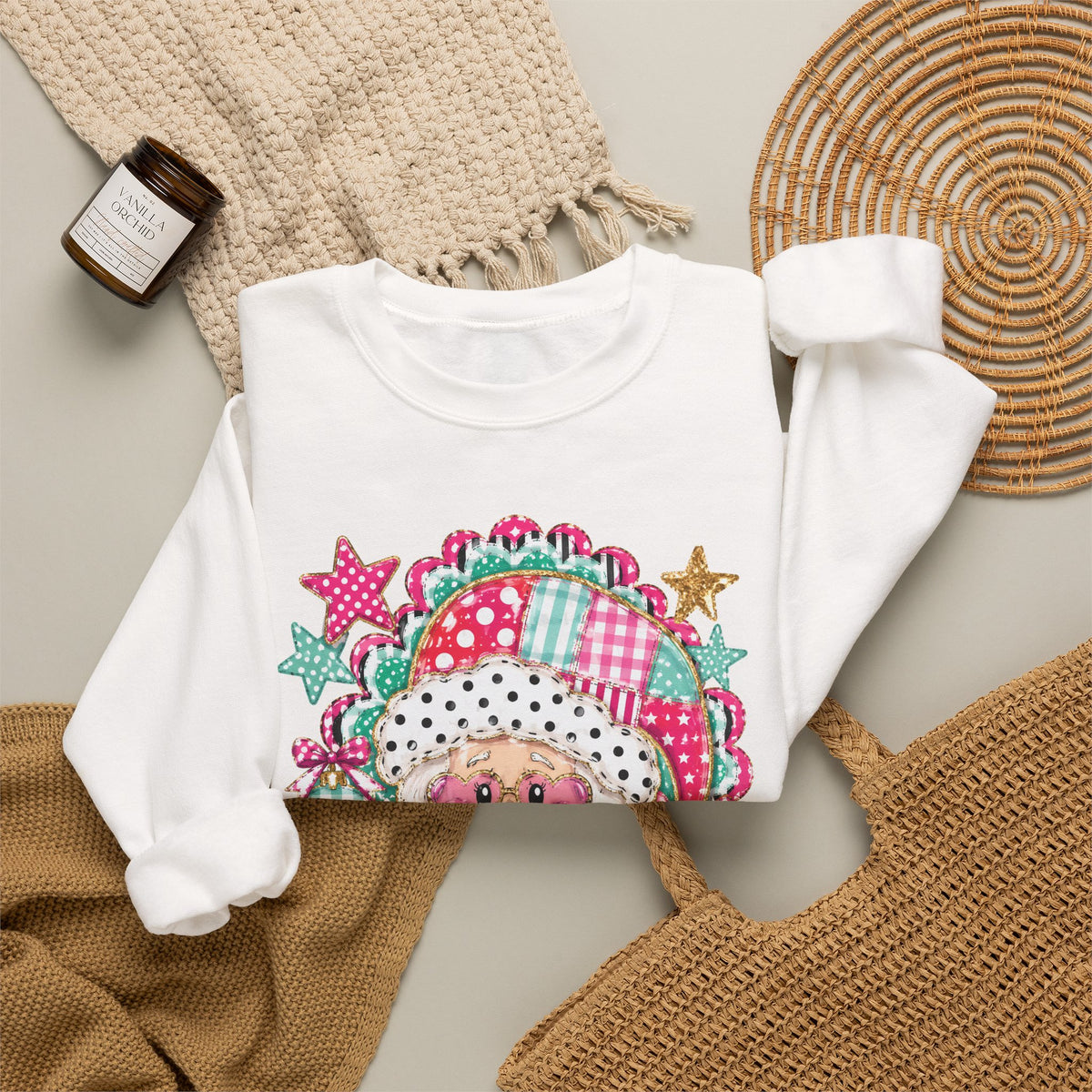 Pink Patchwork Santa Sweatshirt — Cute Christmas Crewneck for Women & Kids