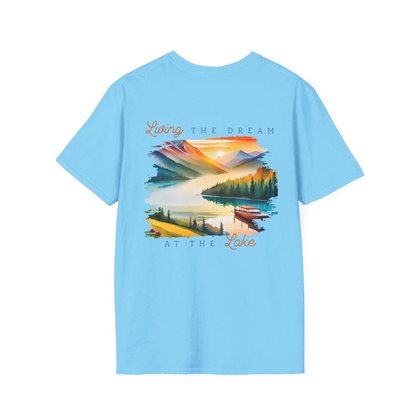 Lake Life T-Shirt — "Living the Dream at the Lake" Boat & Mountain Scene
