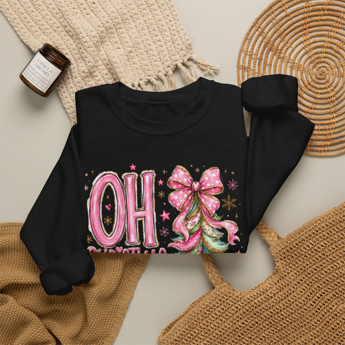 Oh Christmas Tree Sweatshirt | Pink Bow Christmas Crewneck for Women | Girly Holiday Graphic Sweatshirt