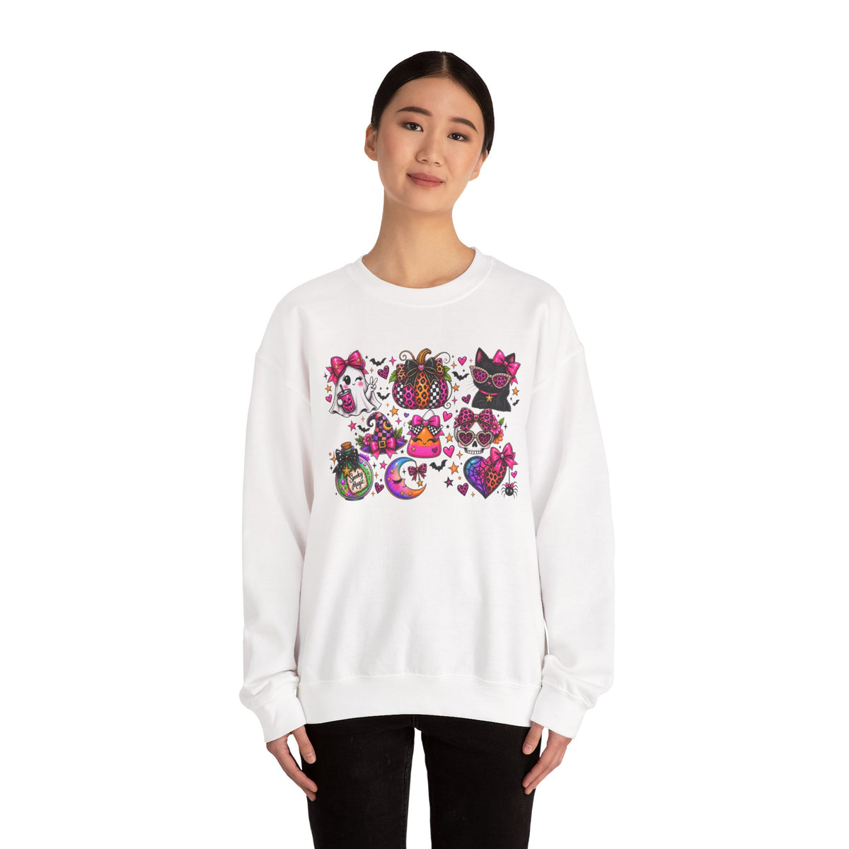 Halloween Cat & Pumpkin Crewneck Sweatshirt — Colorful Spooky Cute Design