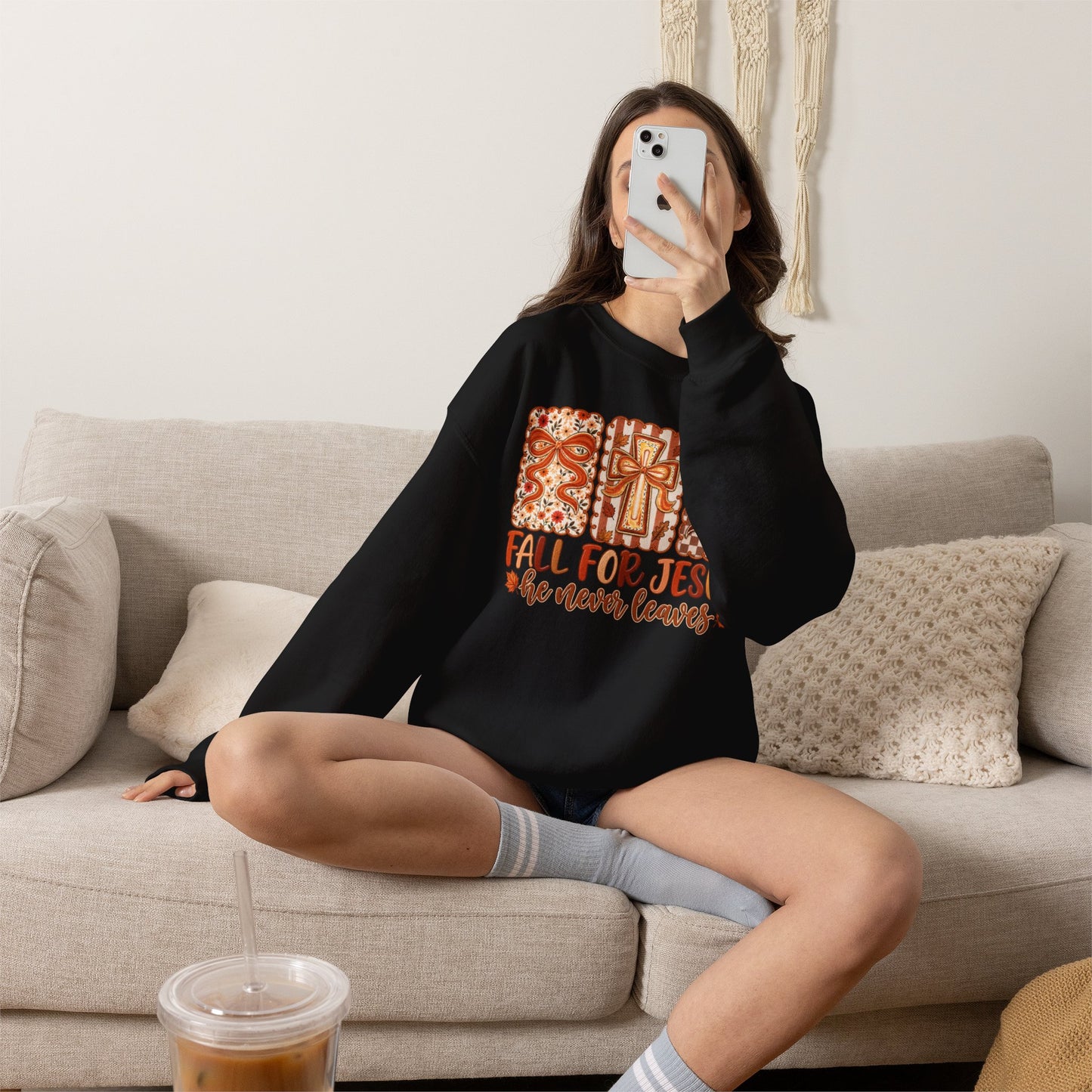 Crewneck Sweatshirt — Fall For Jesus Graphic, Autumn Leaves Faith Sweatshirt