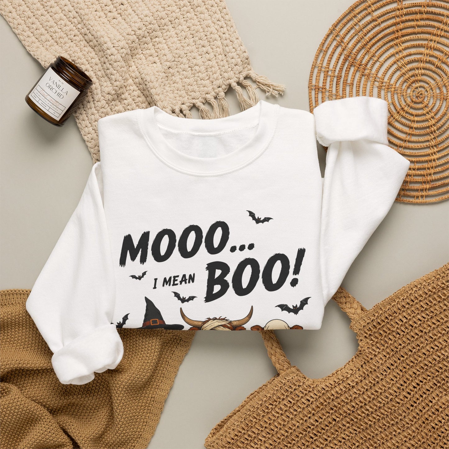 Halloween Cow Crewneck Sweatshirt — "Mooo... I Mean Boo!" Cute Farm Animals Costume Pullover