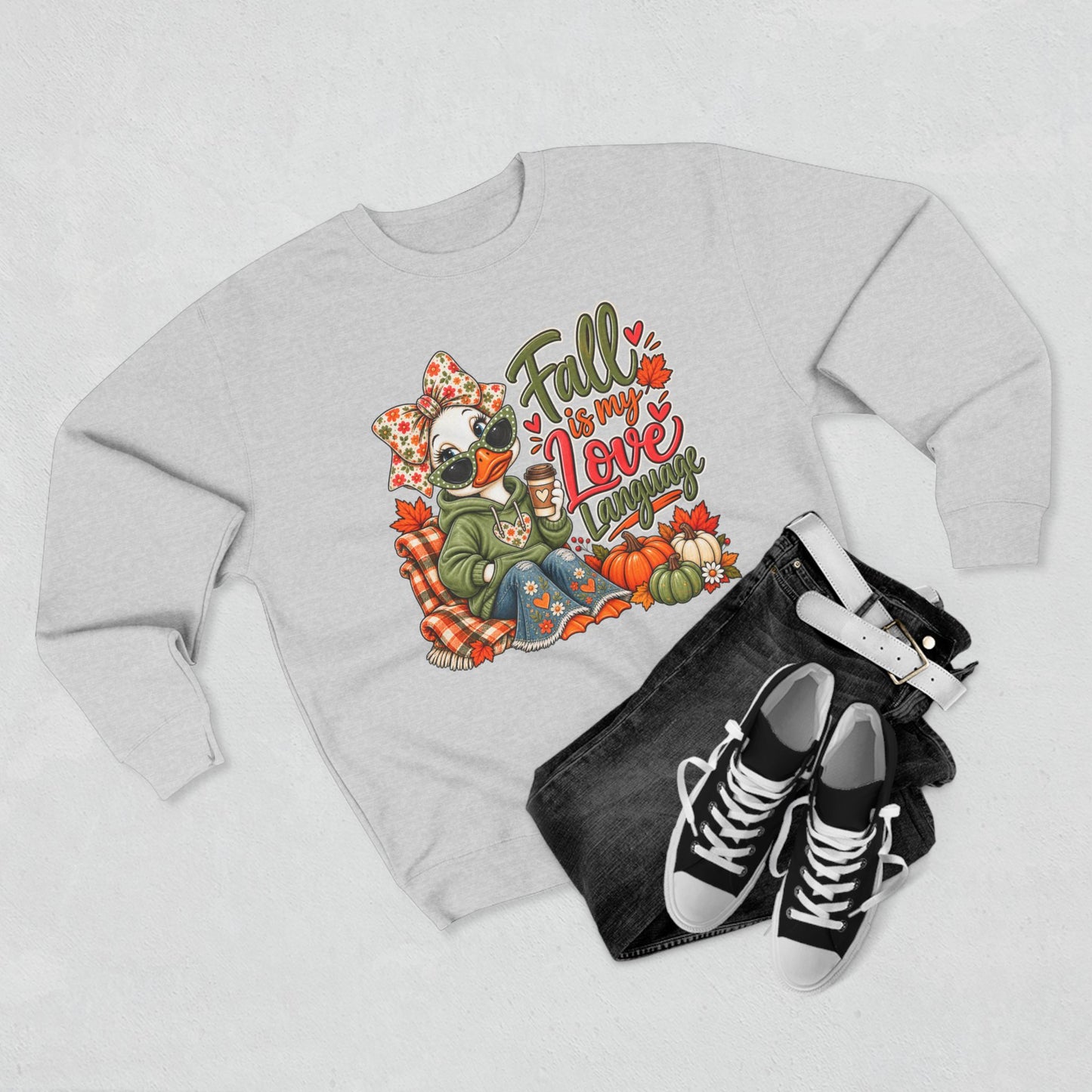 Fall Is My Love Language Sweatshirt — Cozy Autumn Duck Design with Pumpkins