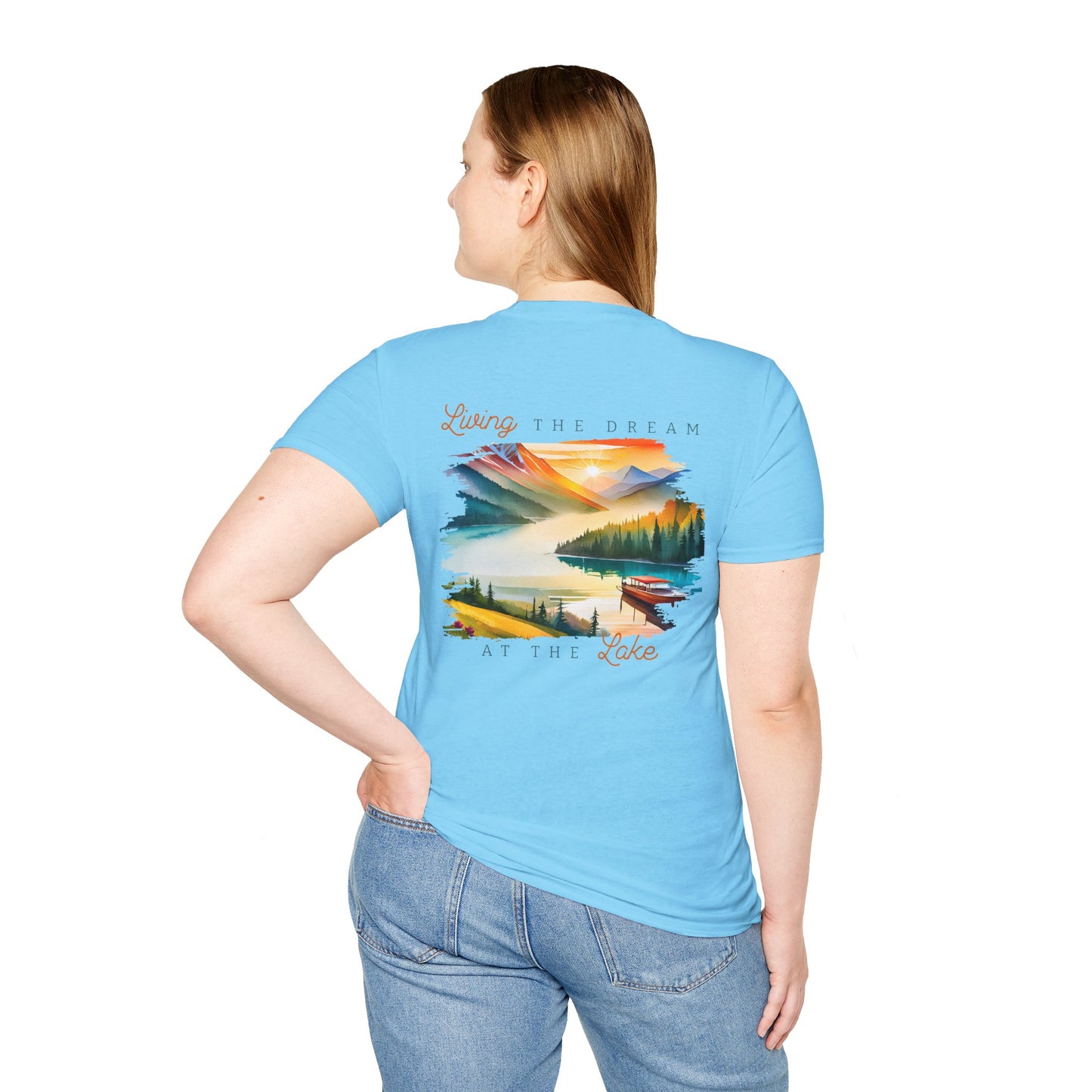 Lake Life T-Shirt — "Living the Dream at the Lake" Boat & Mountain Scene
