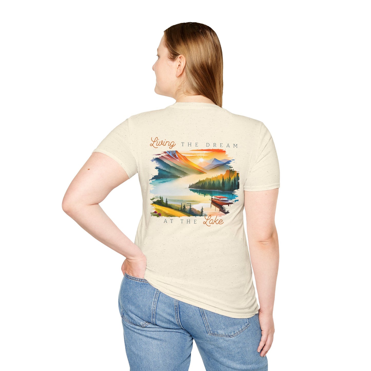 Lake Life T-Shirt — "Living the Dream at the Lake" Boat & Mountain Scene