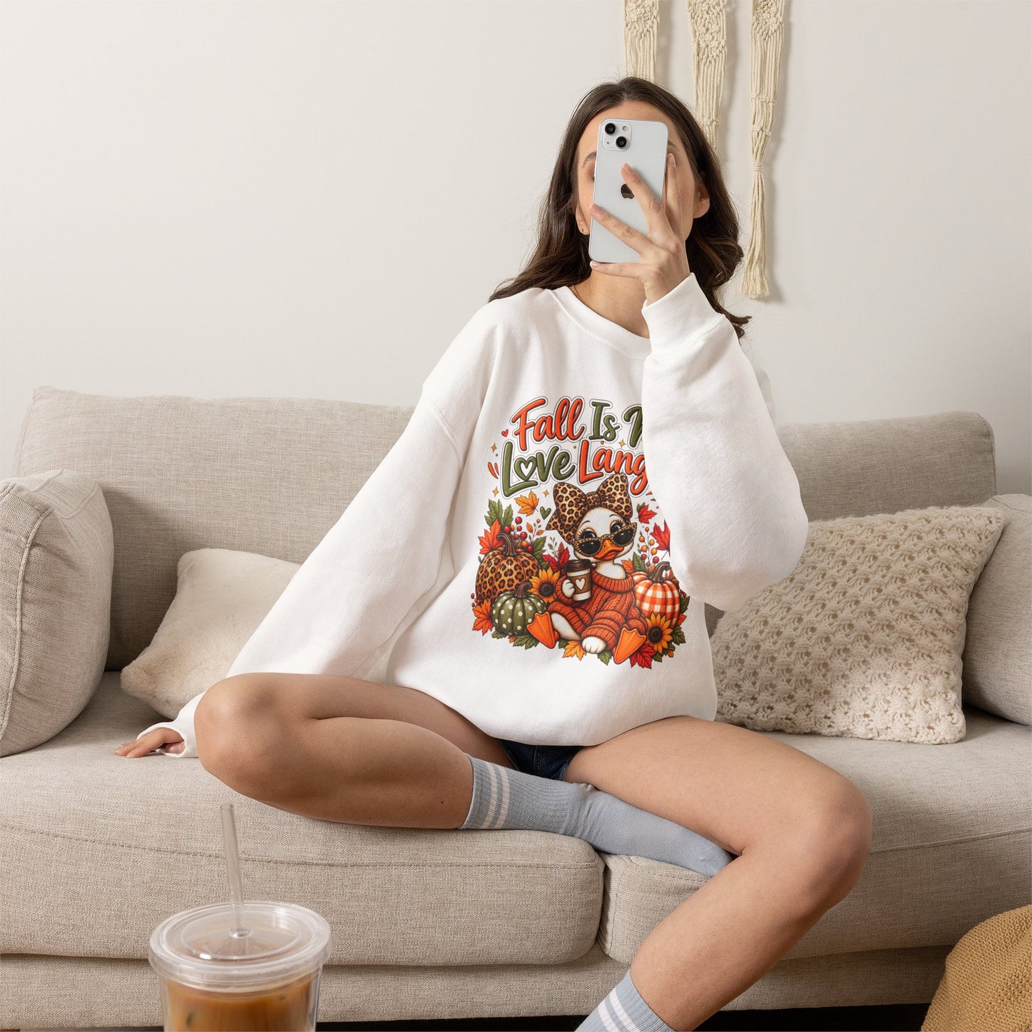 Fall Is My Love Language Duck Sweatshirt — Cute Autumn Duck & Pumpkins Crewneck