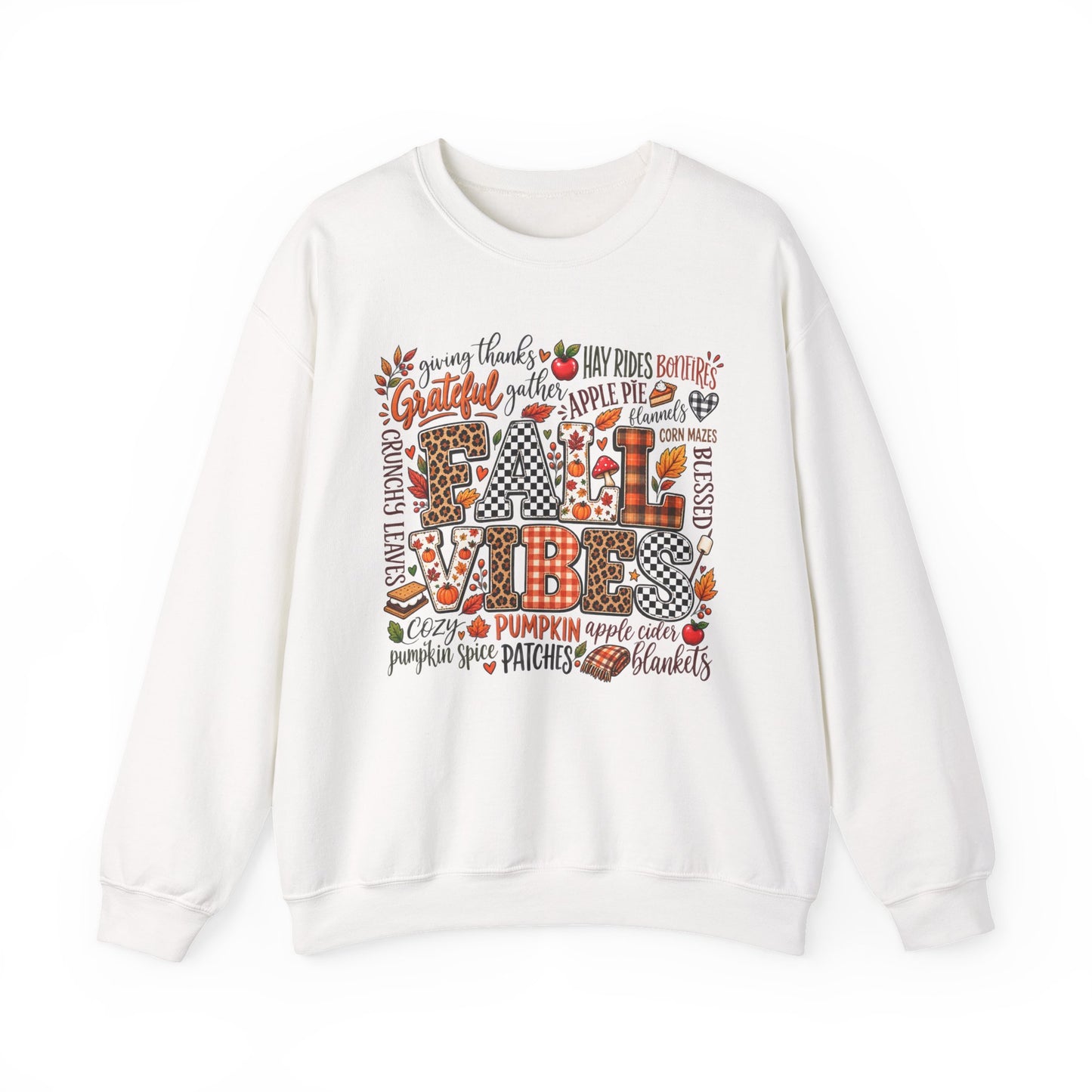 Fall Vibes Crewneck Sweatshirt — Autumn Leaves, Pumpkins & Cozy Plaid Design