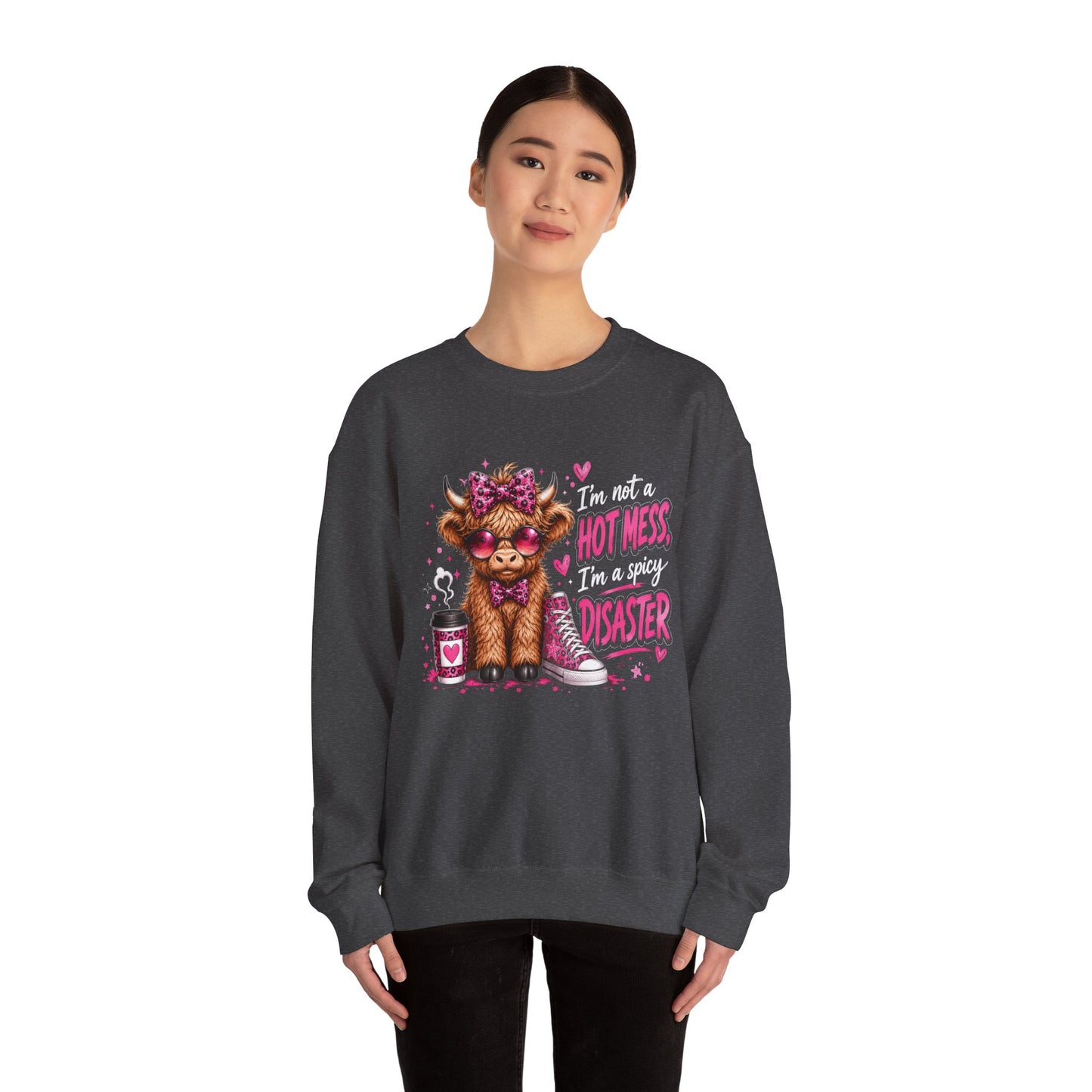 Spicy Disaster Dog Crewneck Sweatshirt — “I’m not a hot mess, I’m a spicy disaster” Graphic Sweatshirt