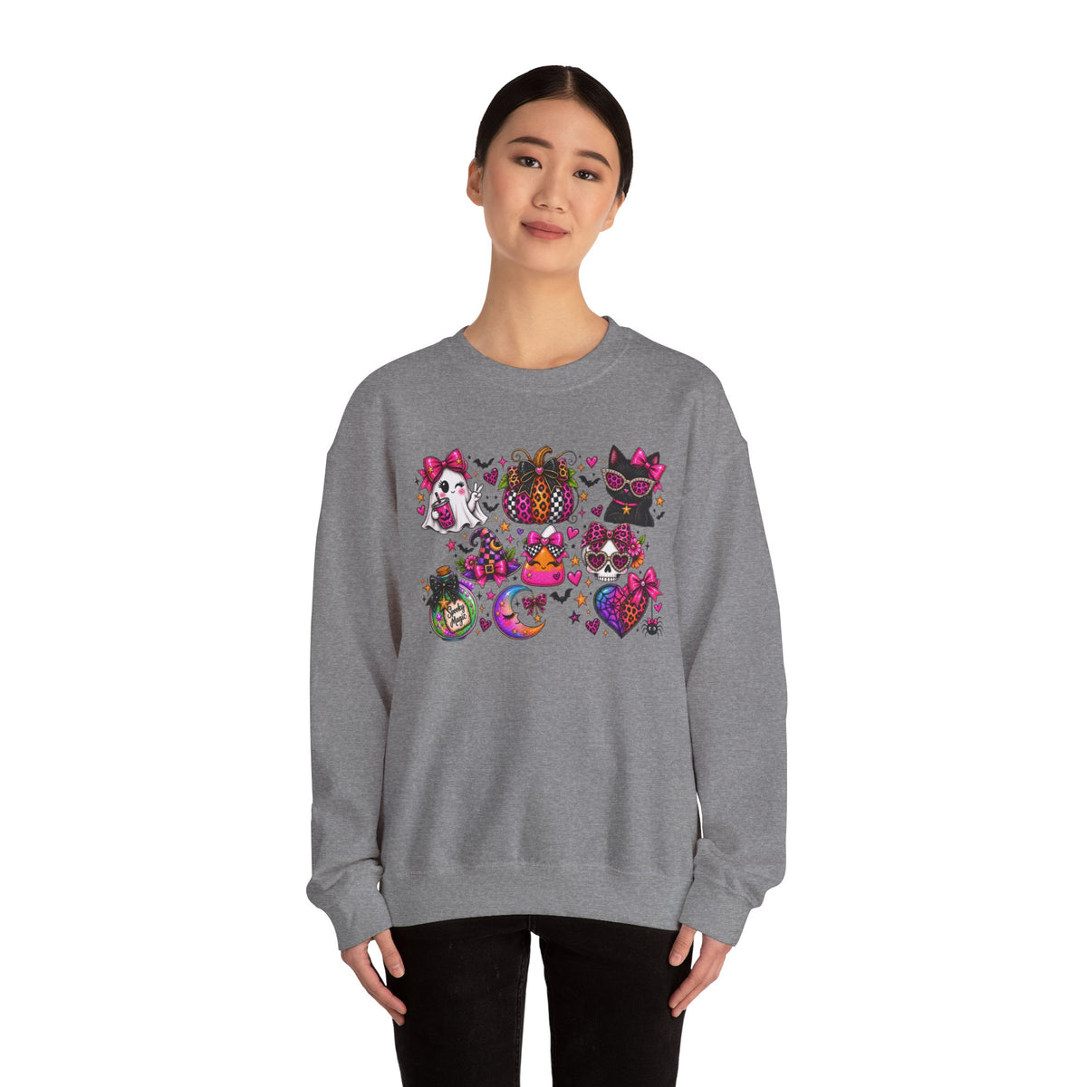 Halloween Cat & Pumpkin Crewneck Sweatshirt — Colorful Spooky Cute Design