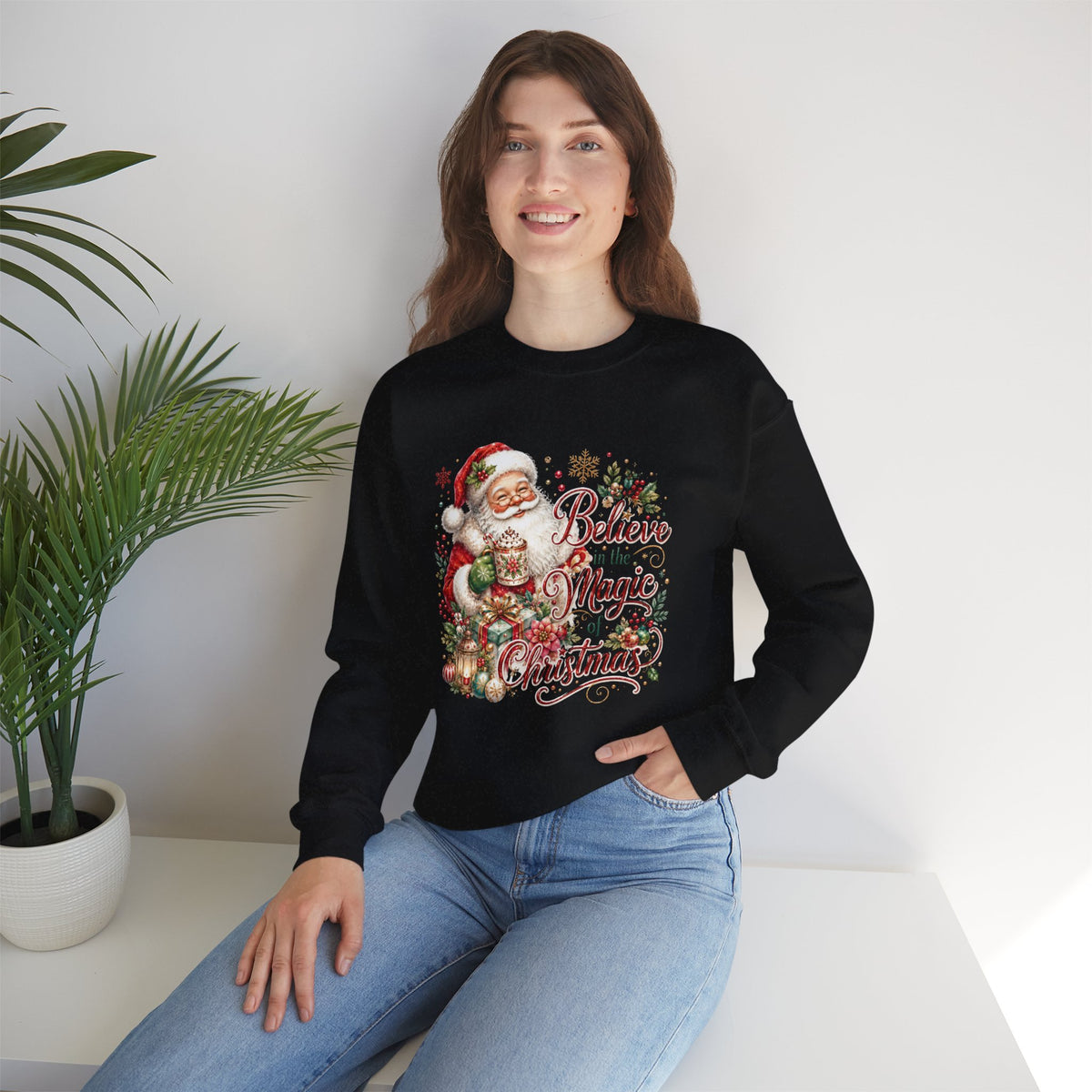Believe in the Magic of Christmas Sweatshirt | Vintage Santa Christmas Crewneck for Women