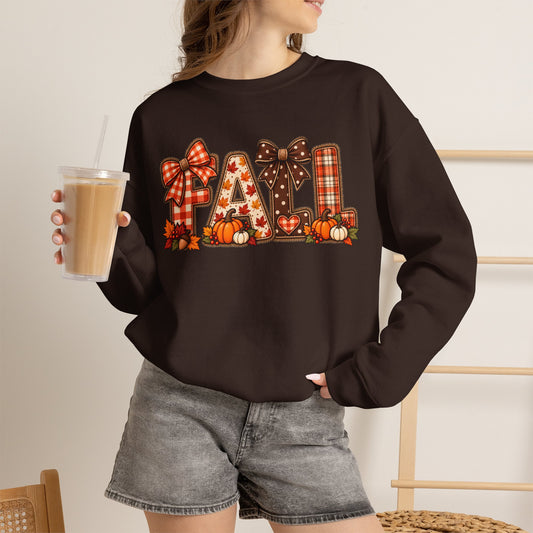 Fall Plaid Crewneck Sweatshirt — Autumn Pumpkins & Bows Design