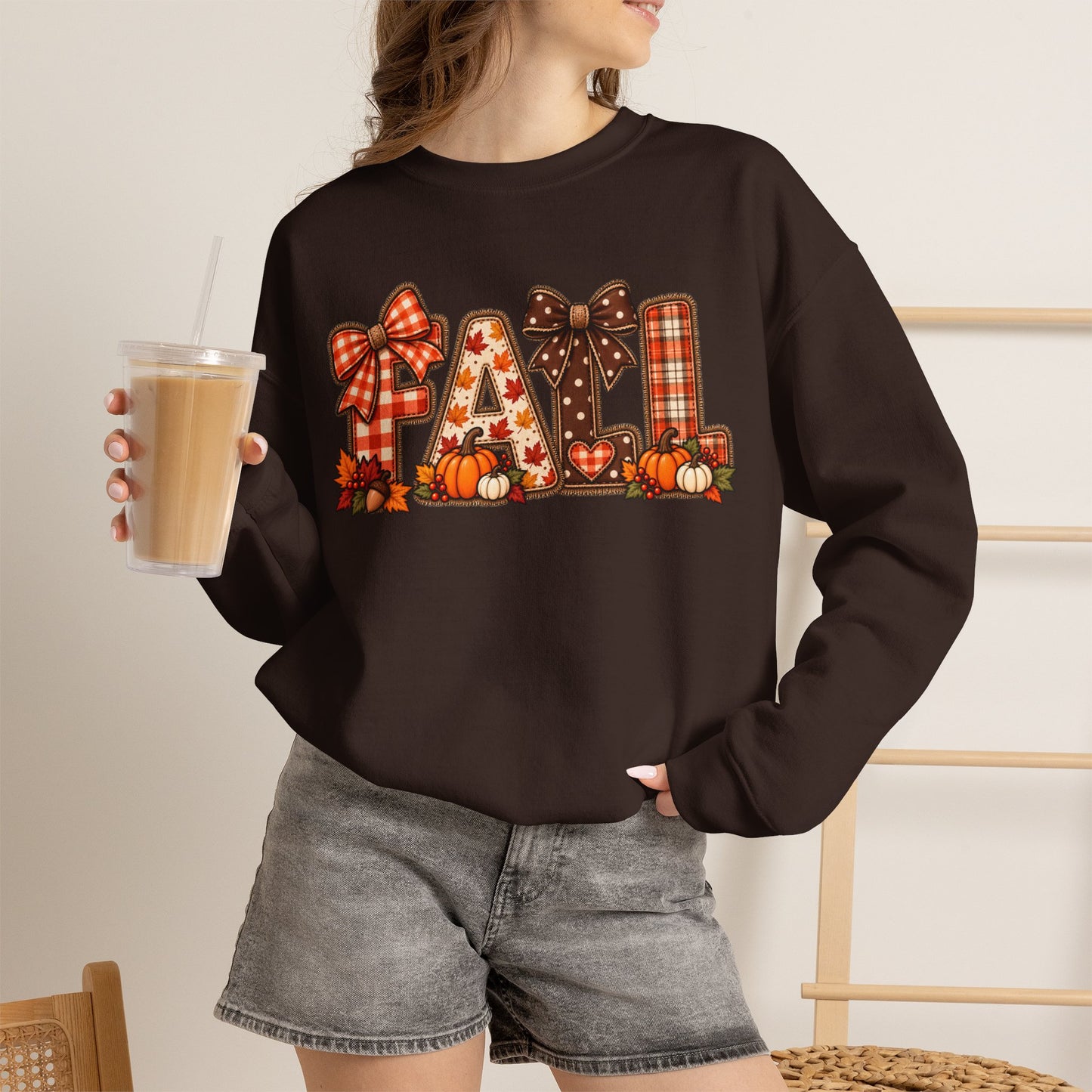 Fall Graphic Crewneck Sweatshirt — Plaid Pumpkin Autumn Design