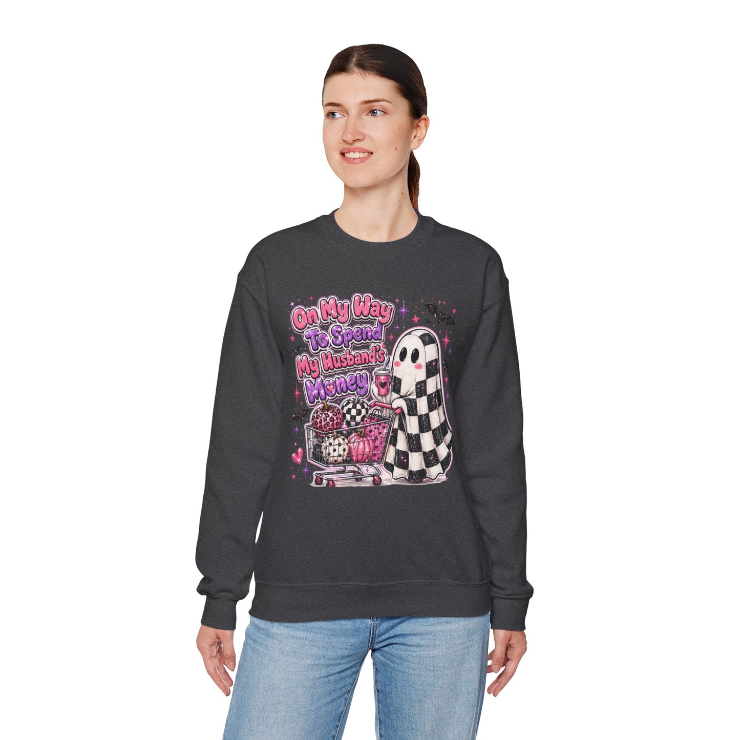 Ghost Shopping Crewneck Sweatshirt — "On My Way to Spend My Husband’s Money" Cute Gothic Halloween Pullover