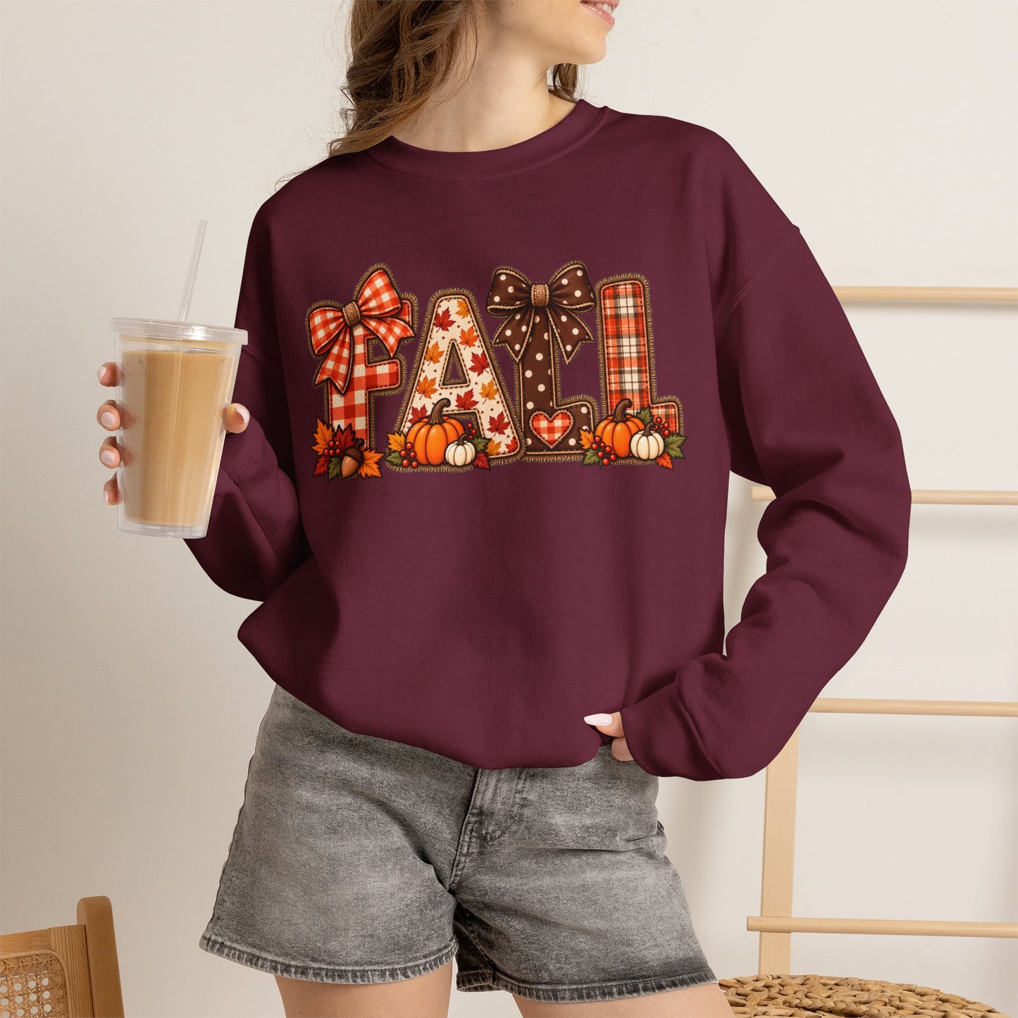 Fall Plaid Crewneck Sweatshirt — Autumn Pumpkins & Bows Design
