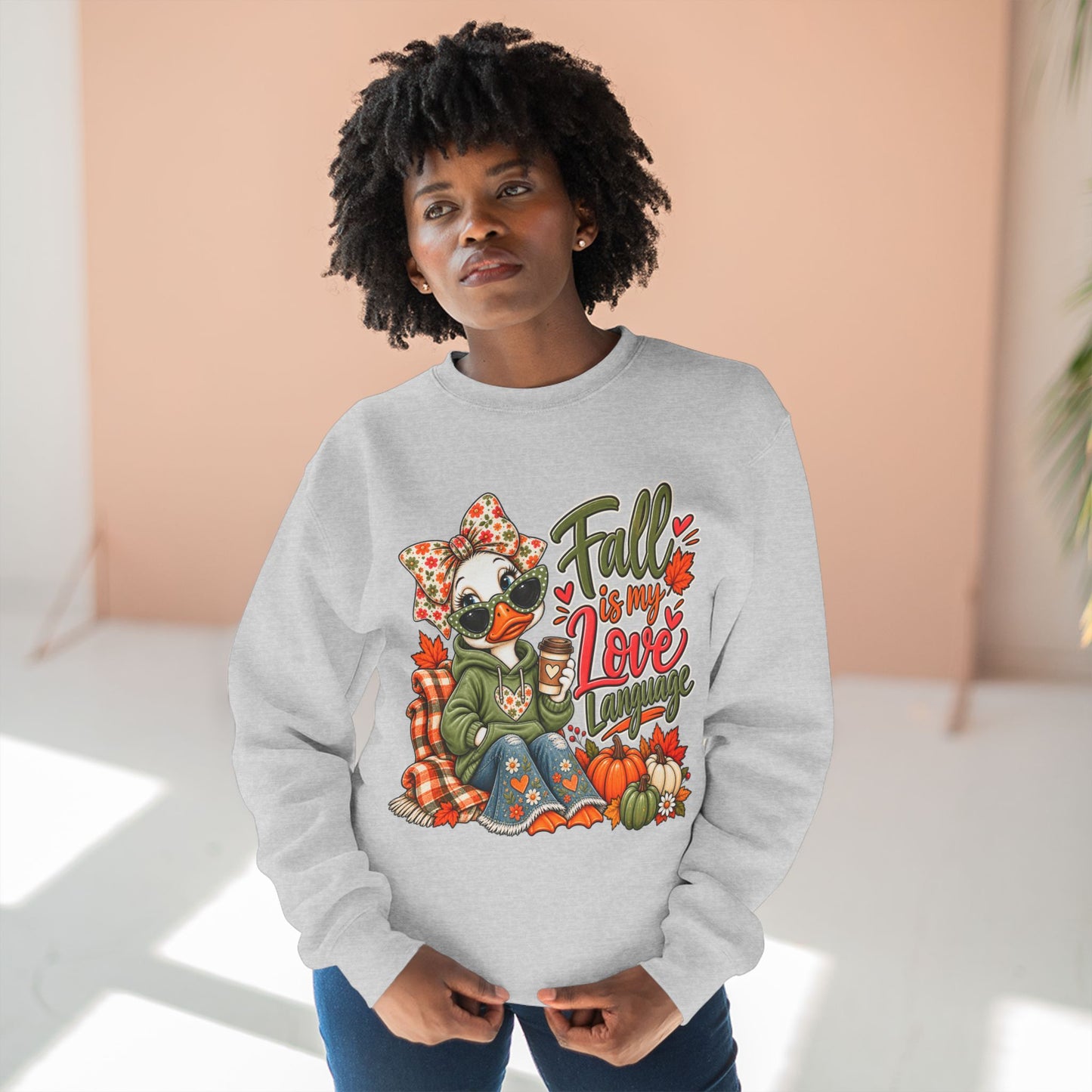 Fall Is My Love Language Sweatshirt — Cozy Autumn Duck Design with Pumpkins