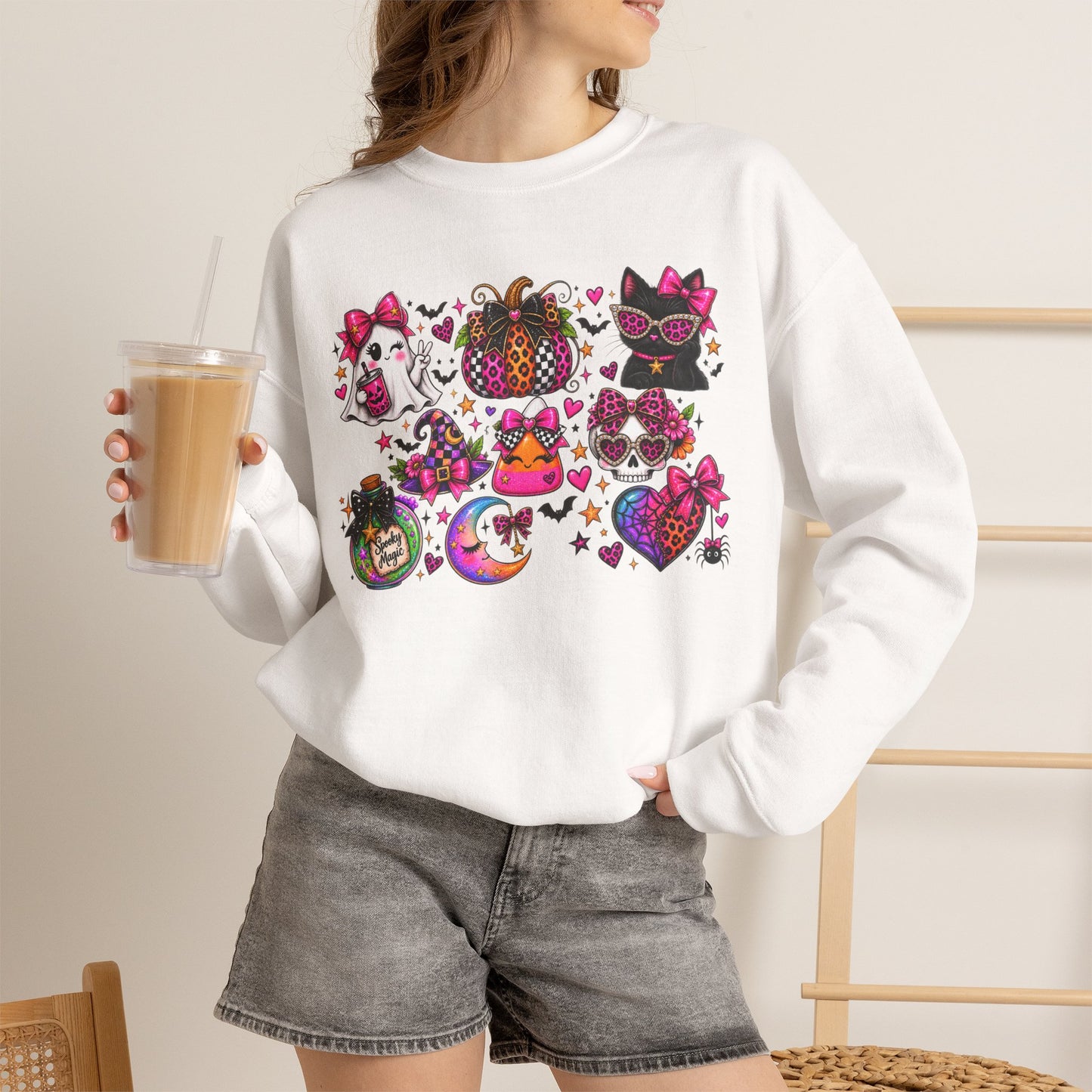 Halloween Cat & Pumpkin Crewneck Sweatshirt — Colorful Spooky Cute Design
