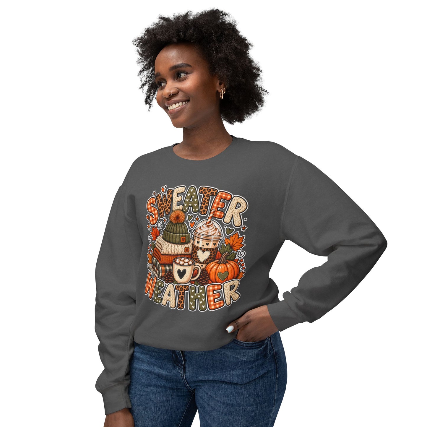 Sweater Weather Crewneck Sweatshirt – Cozy Fall Pumpkin & Hot Cocoa Graphic