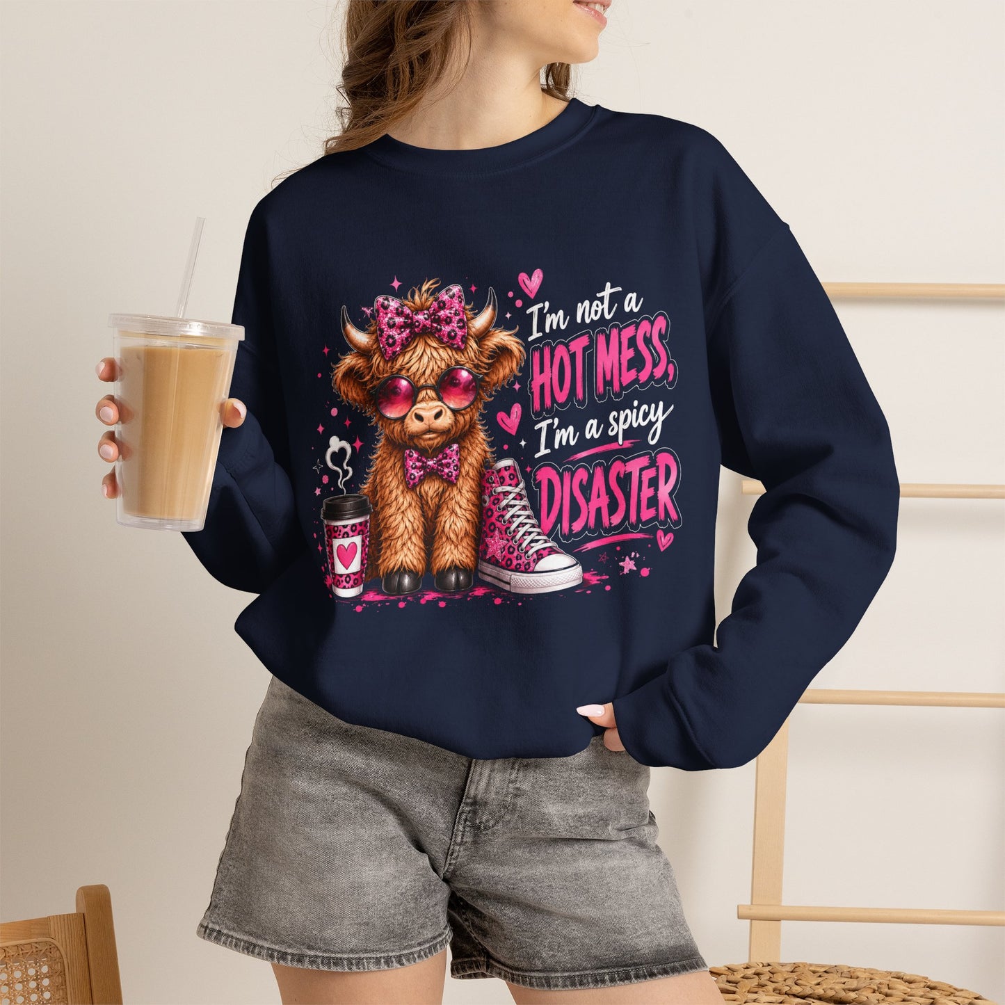 Spicy Disaster Dog Crewneck Sweatshirt — “I’m not a hot mess, I’m a spicy disaster” Graphic Sweatshirt