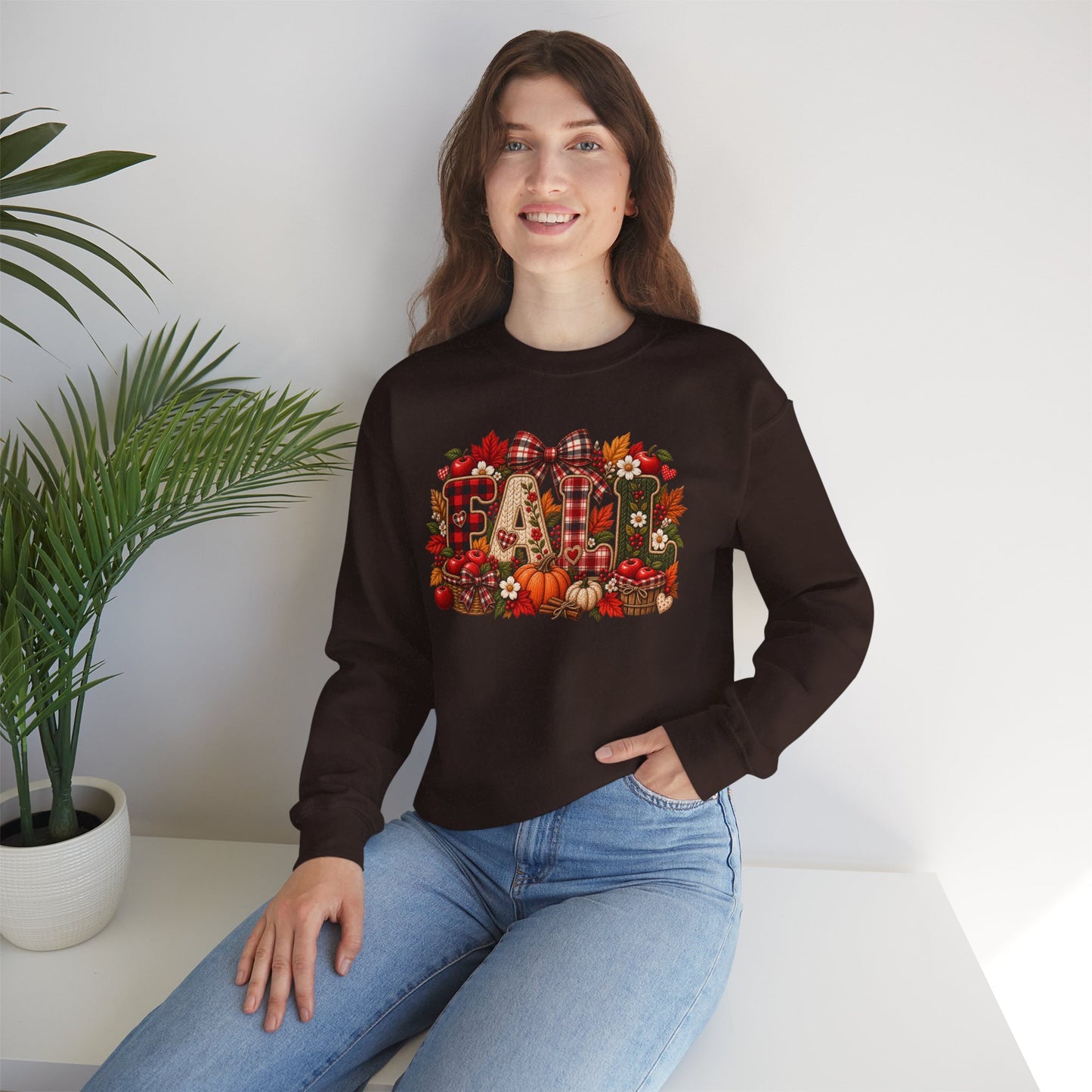 Fall Farmhouse Crewneck Sweatshirt — Pumpkin, Plaid & Autumn Decor Graphic