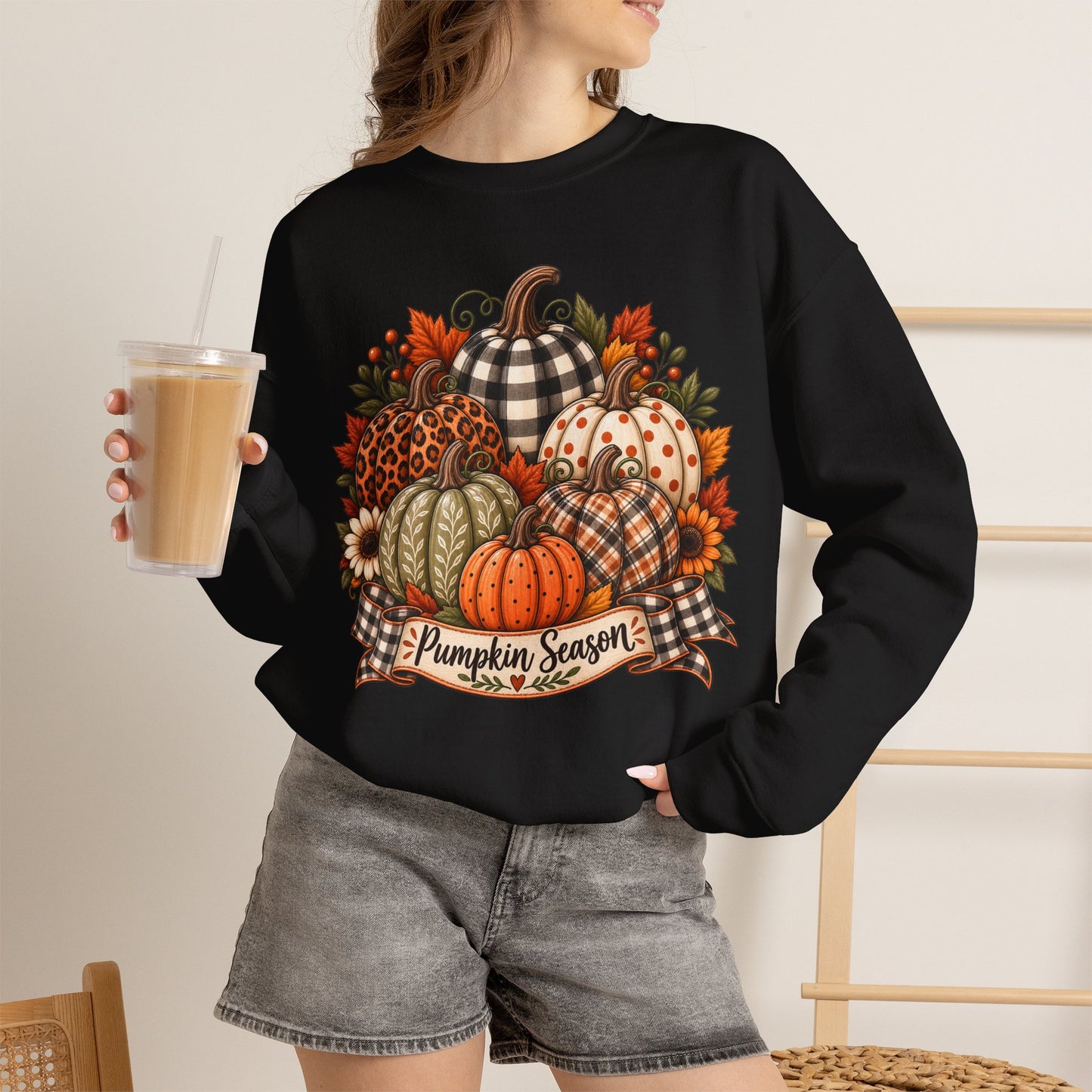 Pumpkin Season Fall Sweatshirt — Plaid & Floral Autumn Pumpkins Crewneck