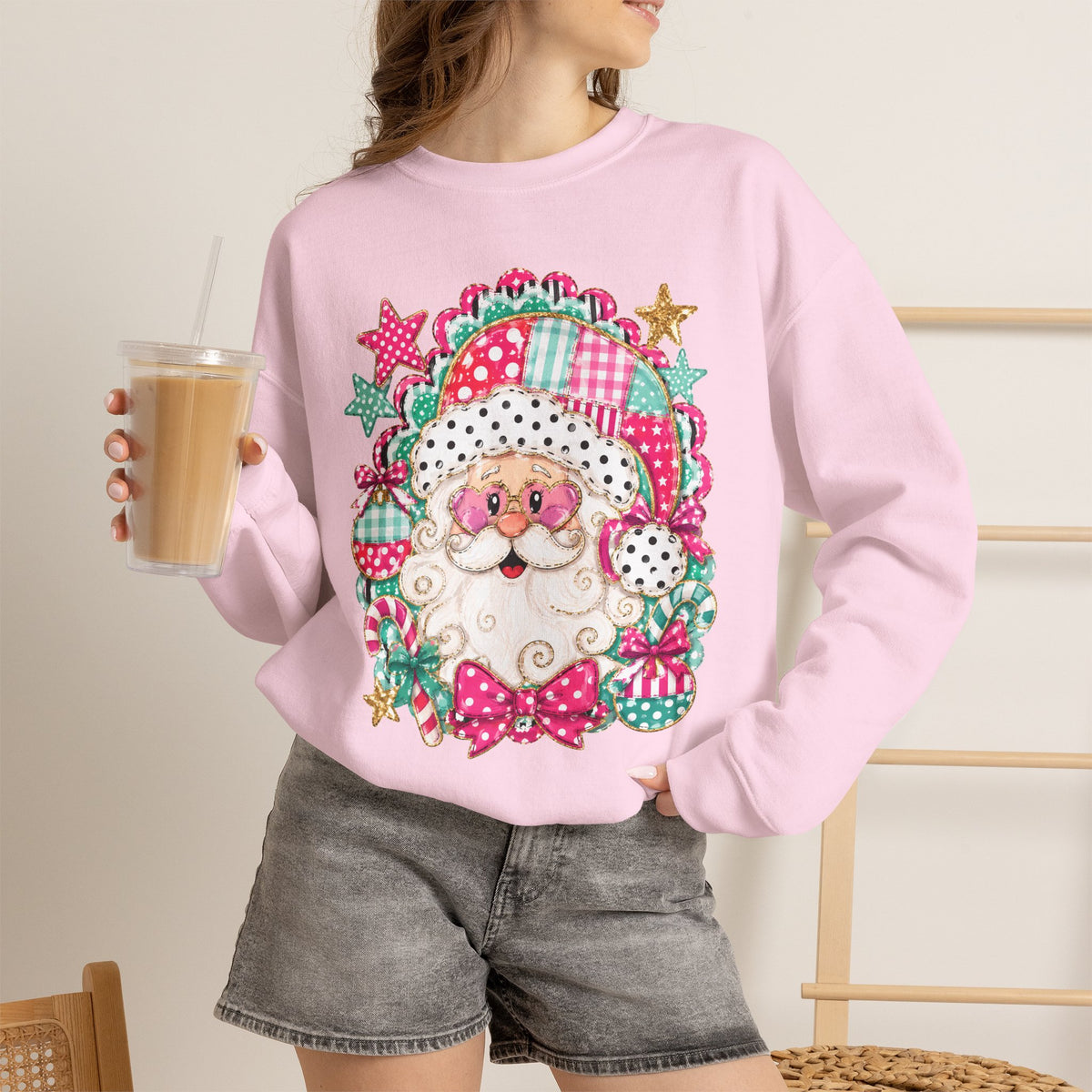 Pink Patchwork Santa Sweatshirt — Cute Christmas Crewneck for Women & Kids