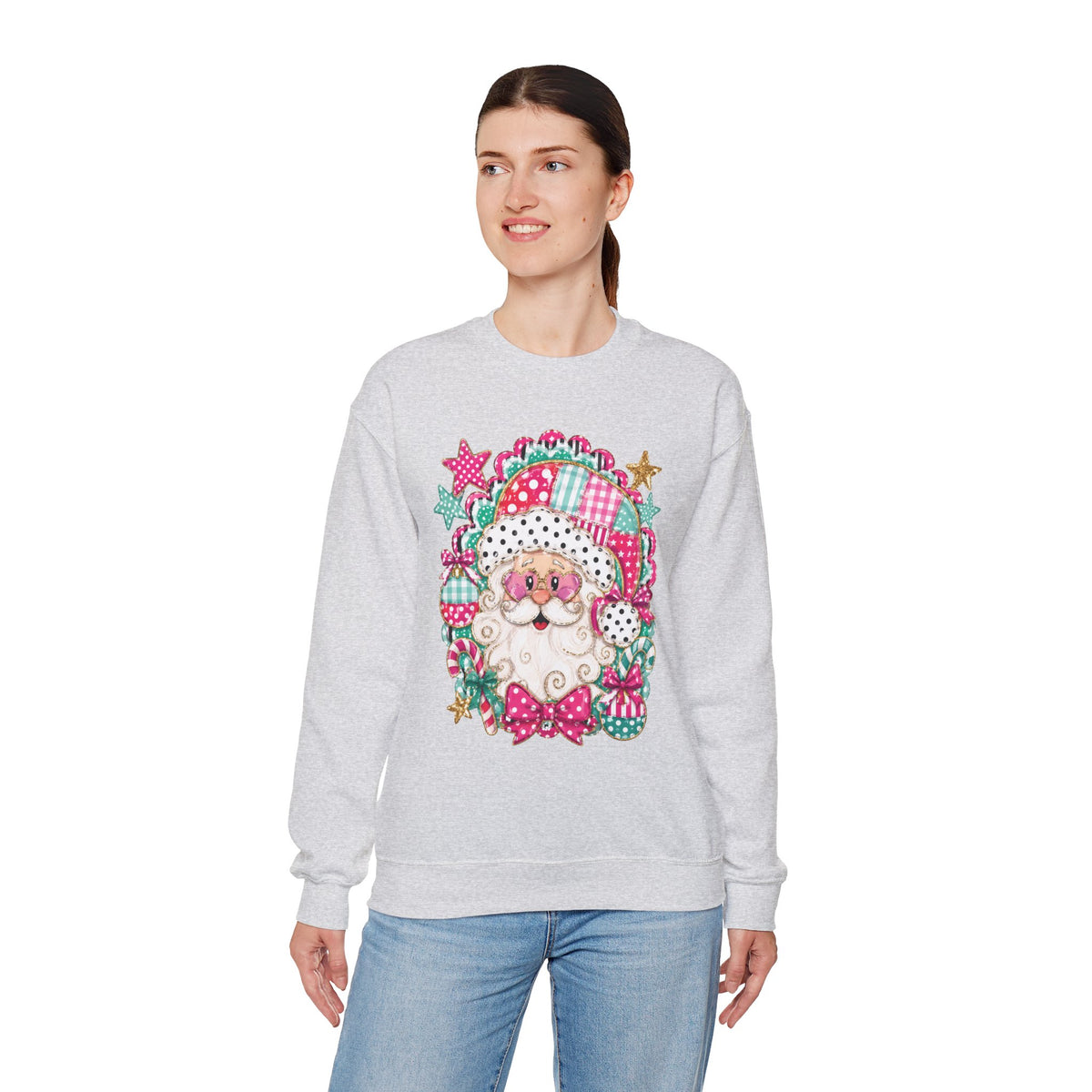 Pink Patchwork Santa Sweatshirt — Cute Christmas Crewneck for Women & Kids