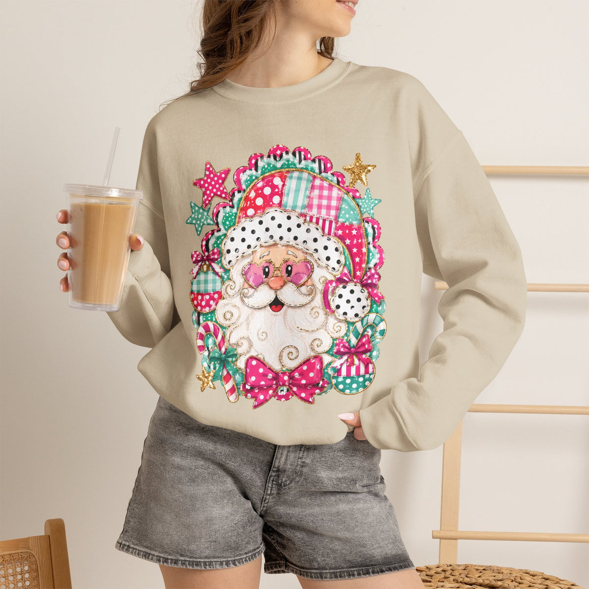 Pink Patchwork Santa Sweatshirt — Cute Christmas Crewneck for Women & Kids