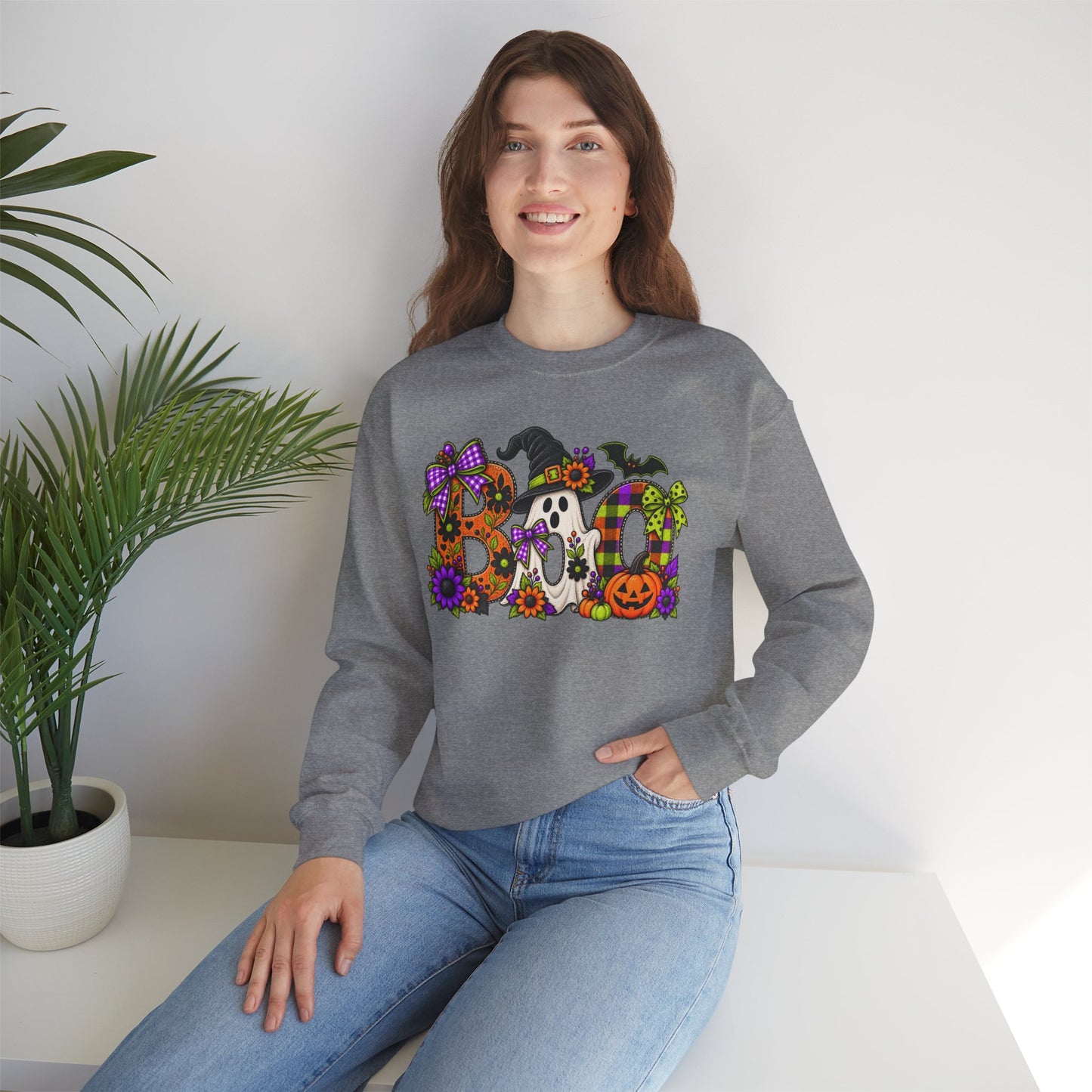 Halloween "BOO!" Crewneck Sweatshirt — Cute Spooky Ghost & Pumpkin Pullover