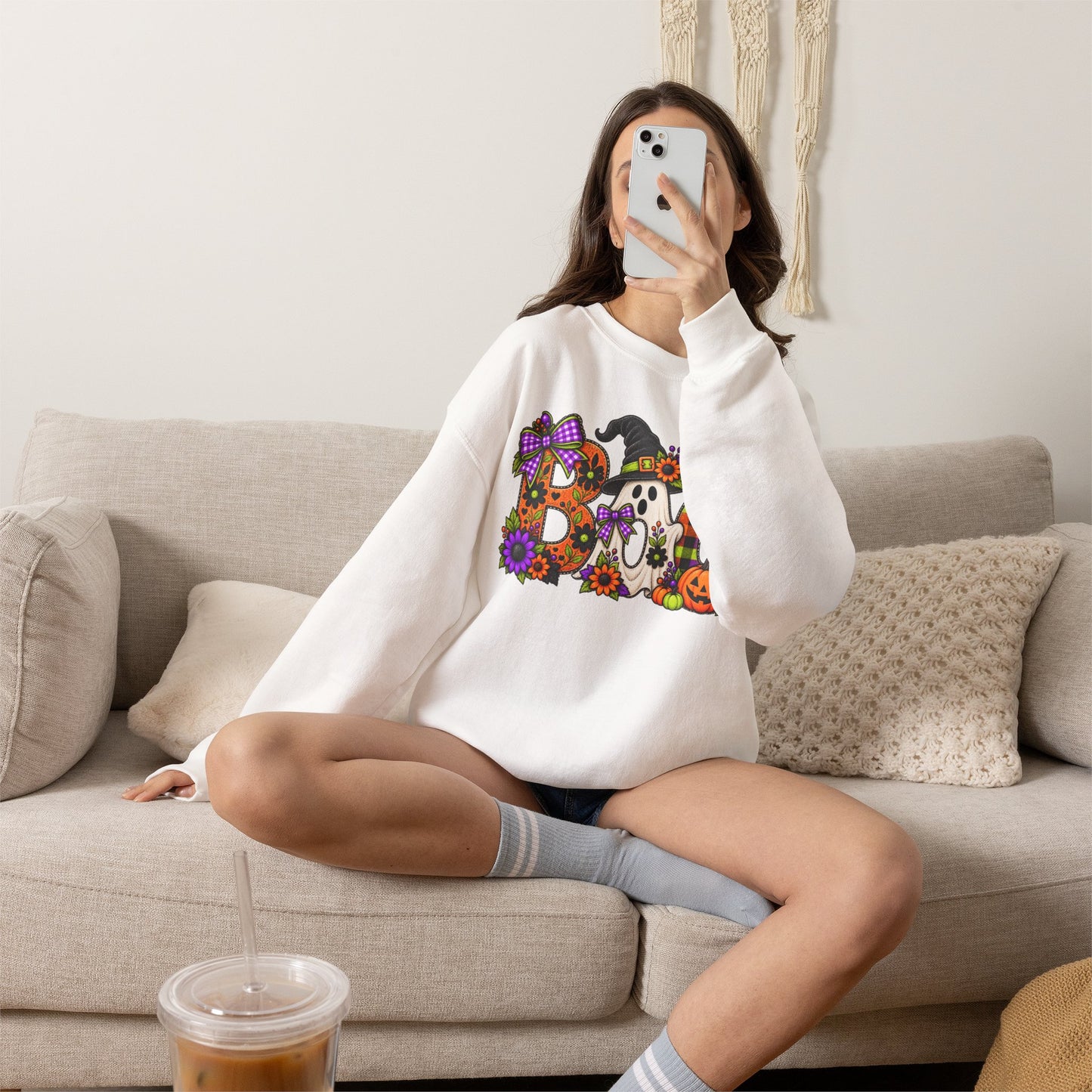 Halloween "BOO!" Crewneck Sweatshirt — Cute Spooky Ghost & Pumpkin Pullover