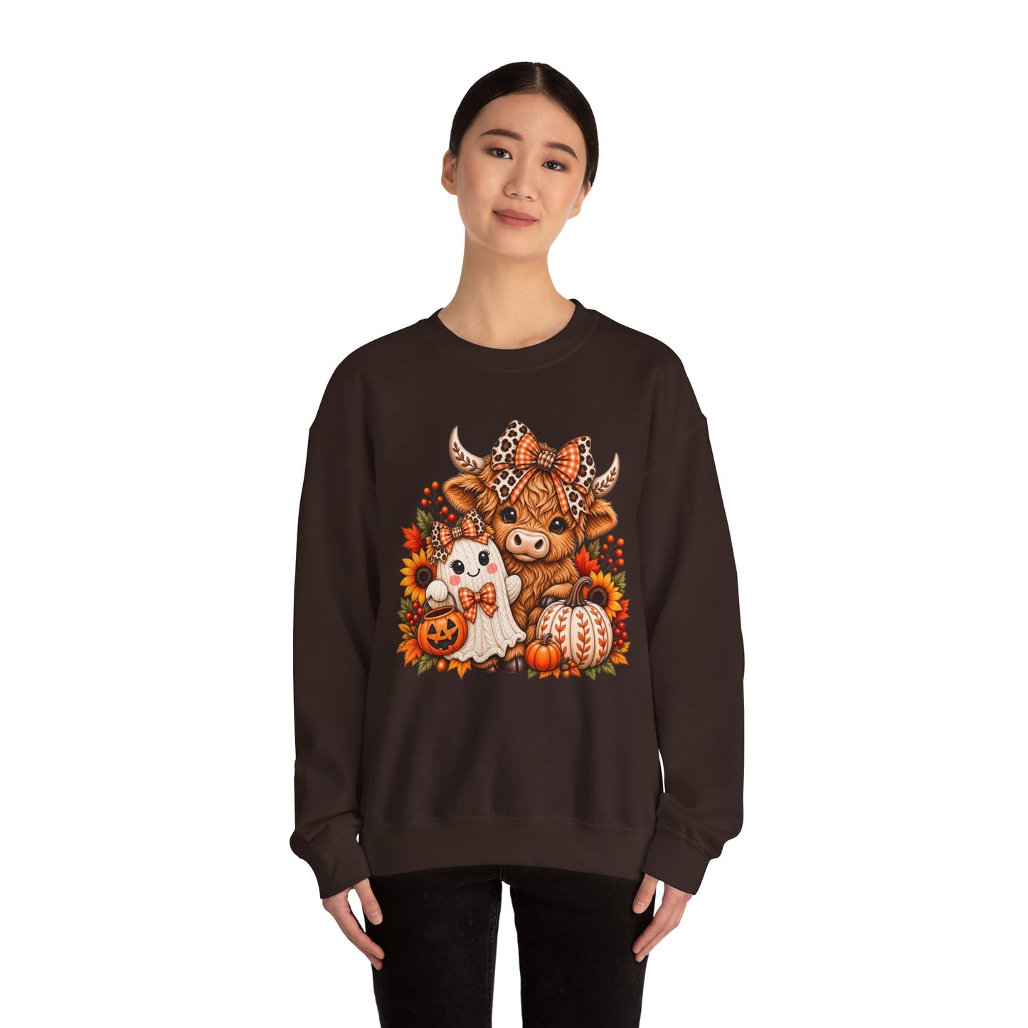Autumn Highland Cow & Ghost Crewneck Sweatshirt — Cute Halloween Fall Graphic
