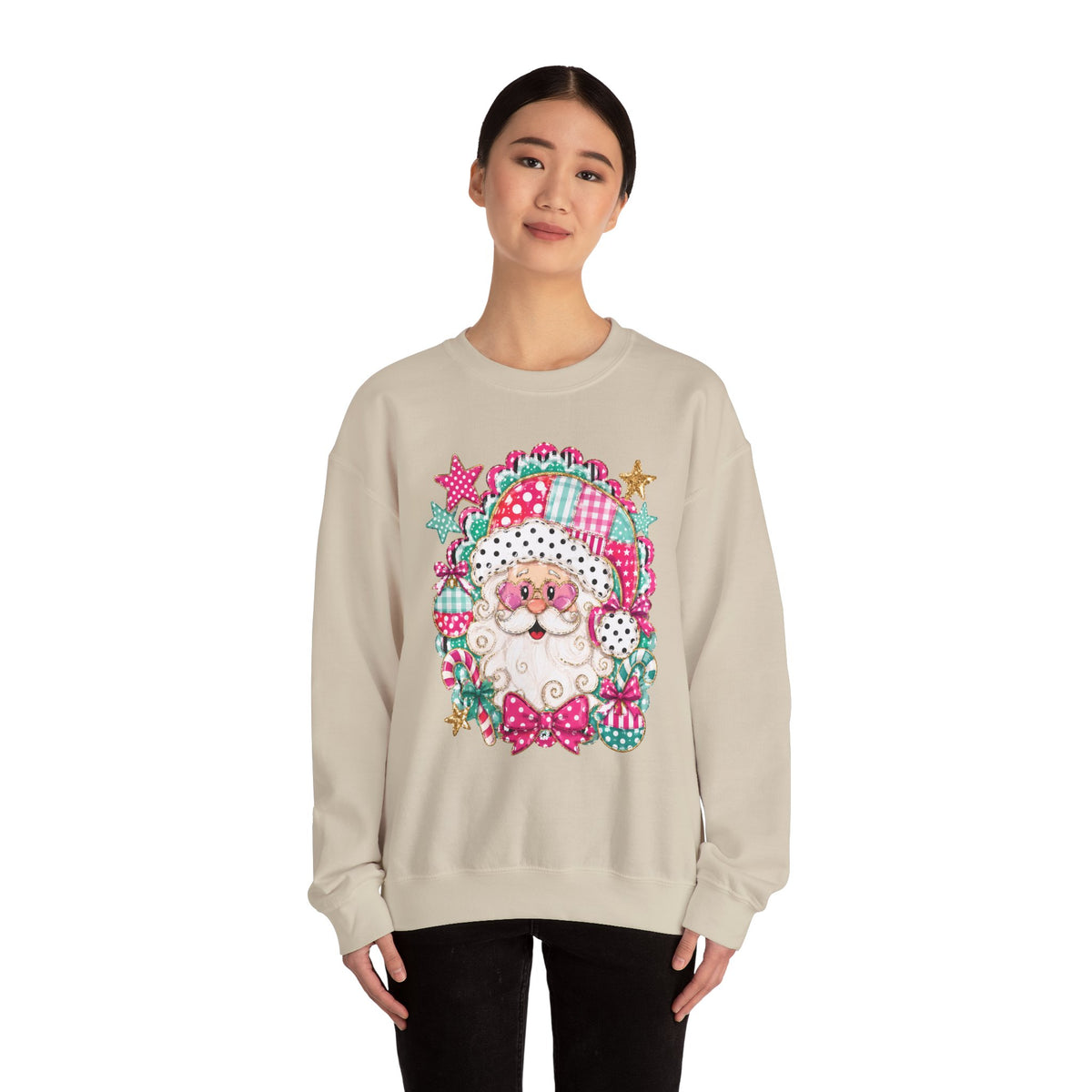Pink Patchwork Santa Sweatshirt — Cute Christmas Crewneck for Women & Kids