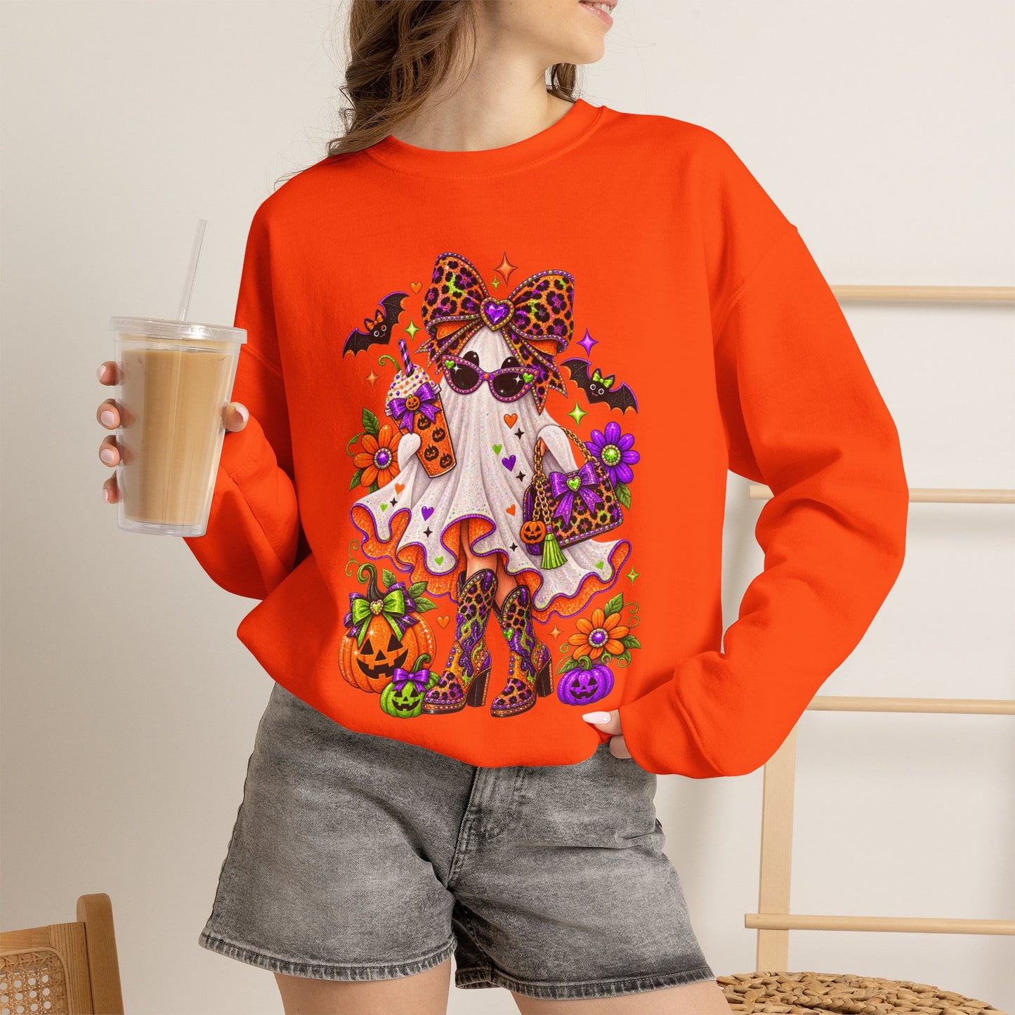 Halloween Ghost Cat Crewneck Sweatshirt — Cute Spooky Pumpkin & Bat Graphic