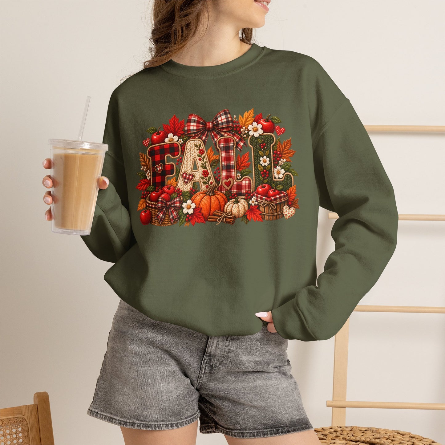 Fall Farmhouse Crewneck Sweatshirt — Pumpkin, Plaid & Autumn Decor Graphic