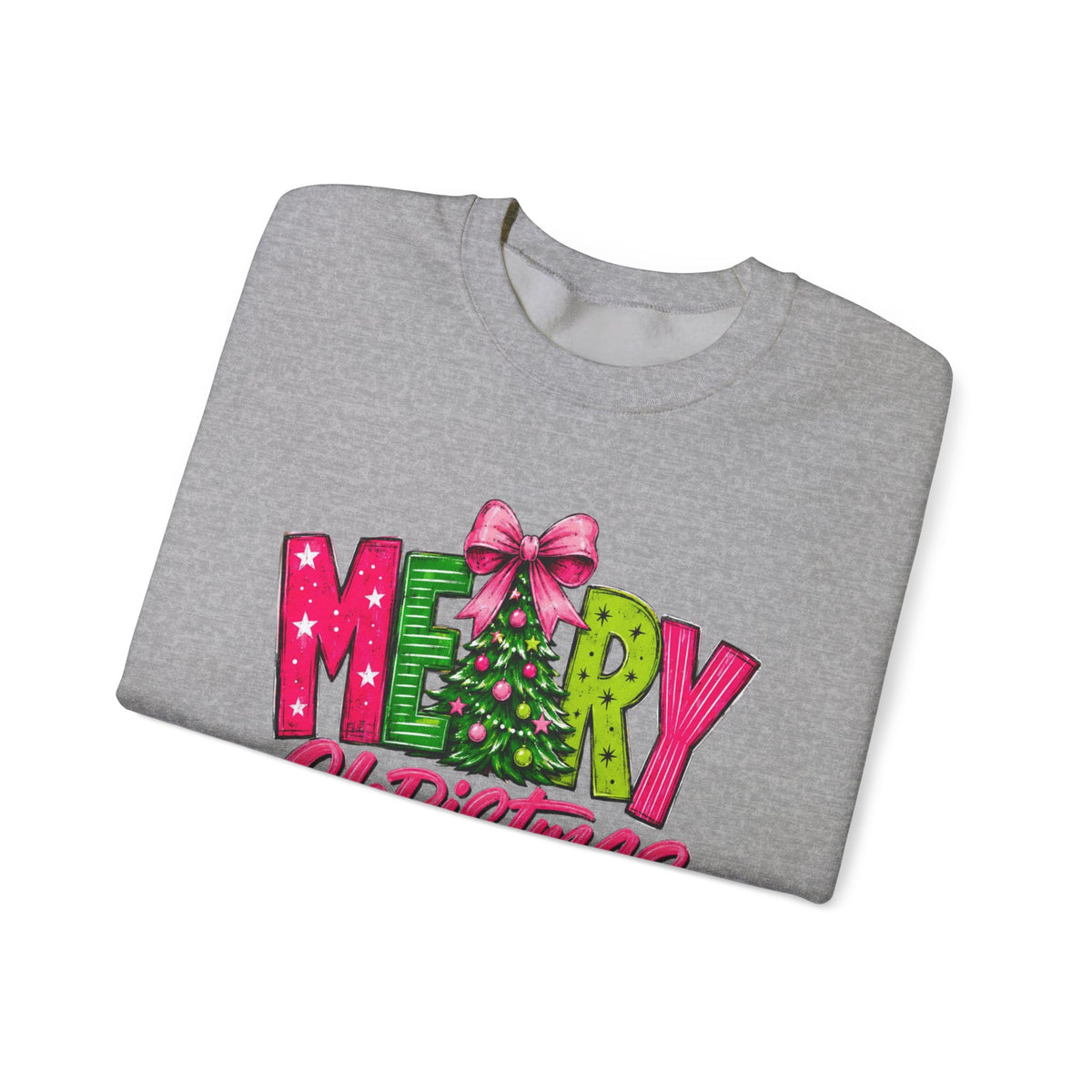 Crewneck Sweatshirt — Merry Christmas Pink & Green Holiday Tree Graphic