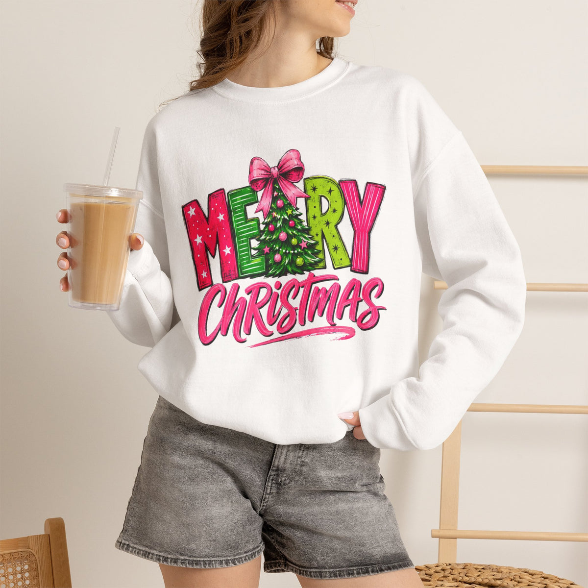 Crewneck Sweatshirt — Merry Christmas Pink & Green Holiday Tree Graphic