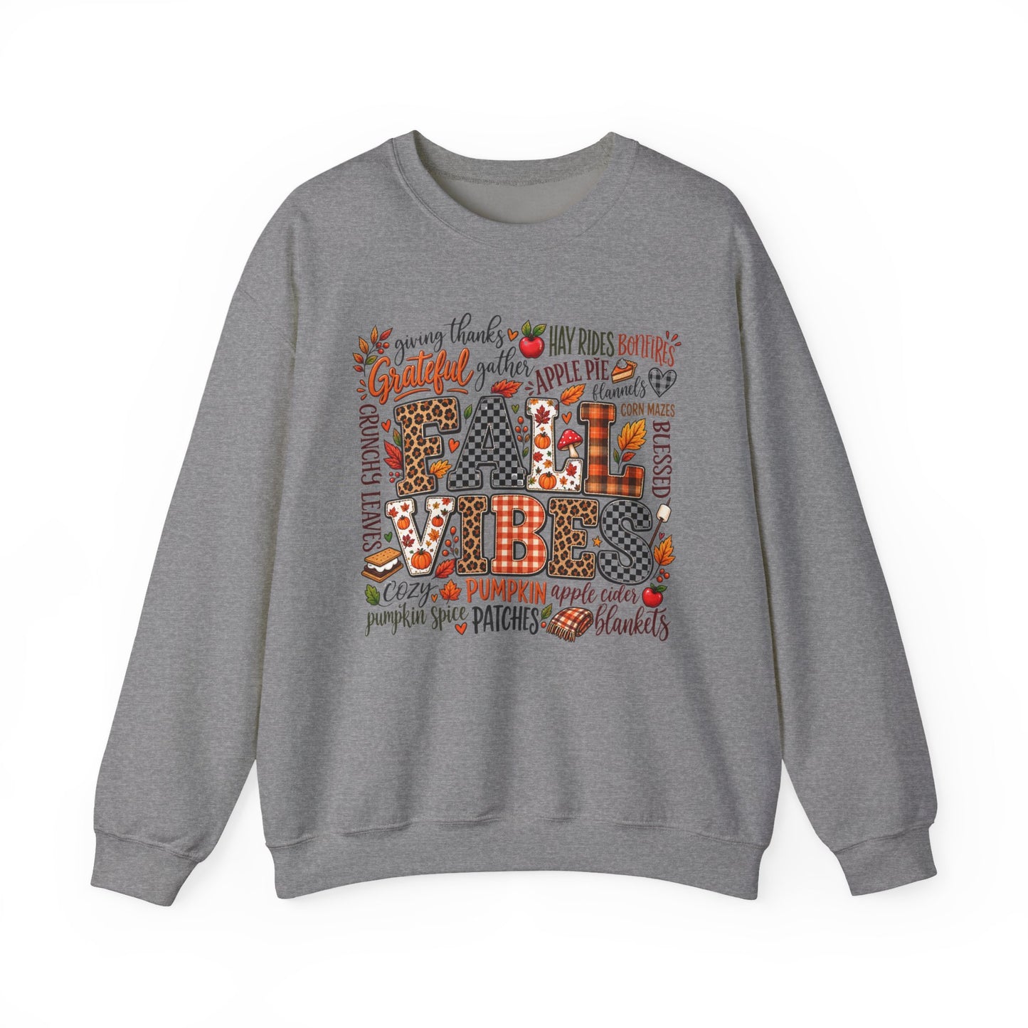 Fall Vibes Crewneck Sweatshirt — Autumn Leaves, Pumpkins & Cozy Plaid Design
