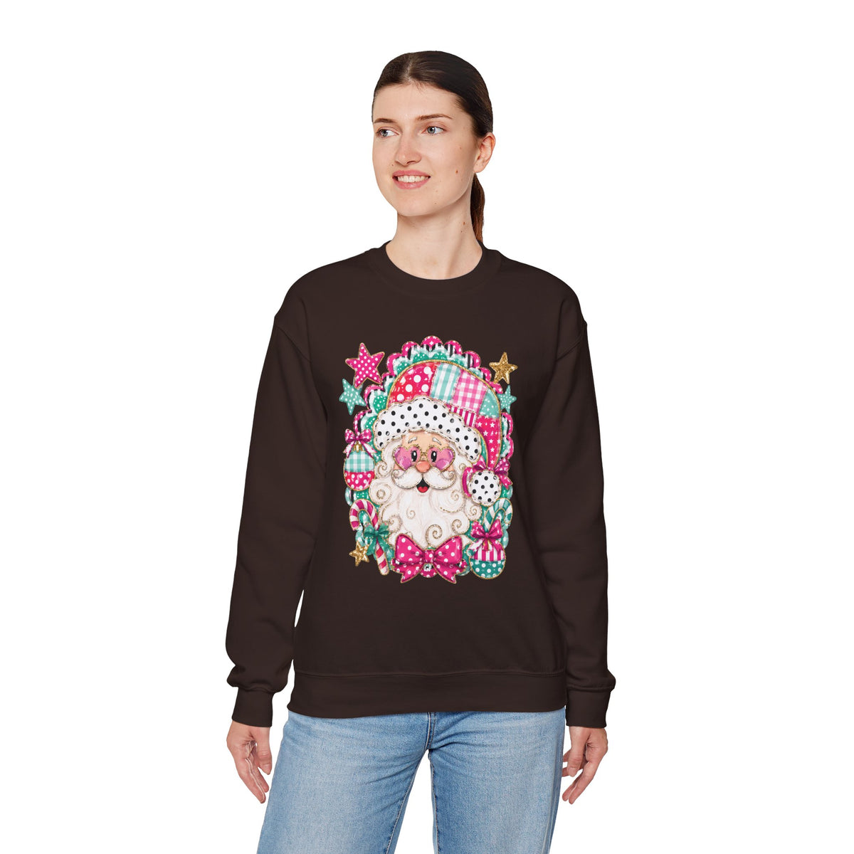 Pink Patchwork Santa Sweatshirt — Cute Christmas Crewneck for Women & Kids