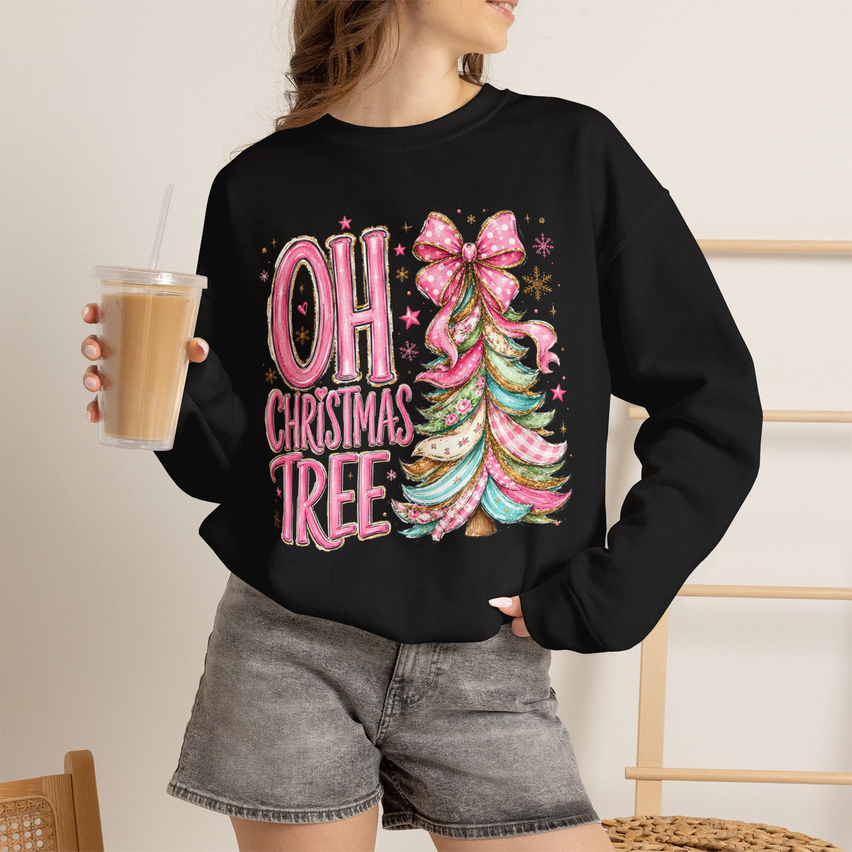 Oh Christmas Tree Sweatshirt | Pink Bow Christmas Crewneck for Women | Girly Holiday Graphic Sweatshirt
