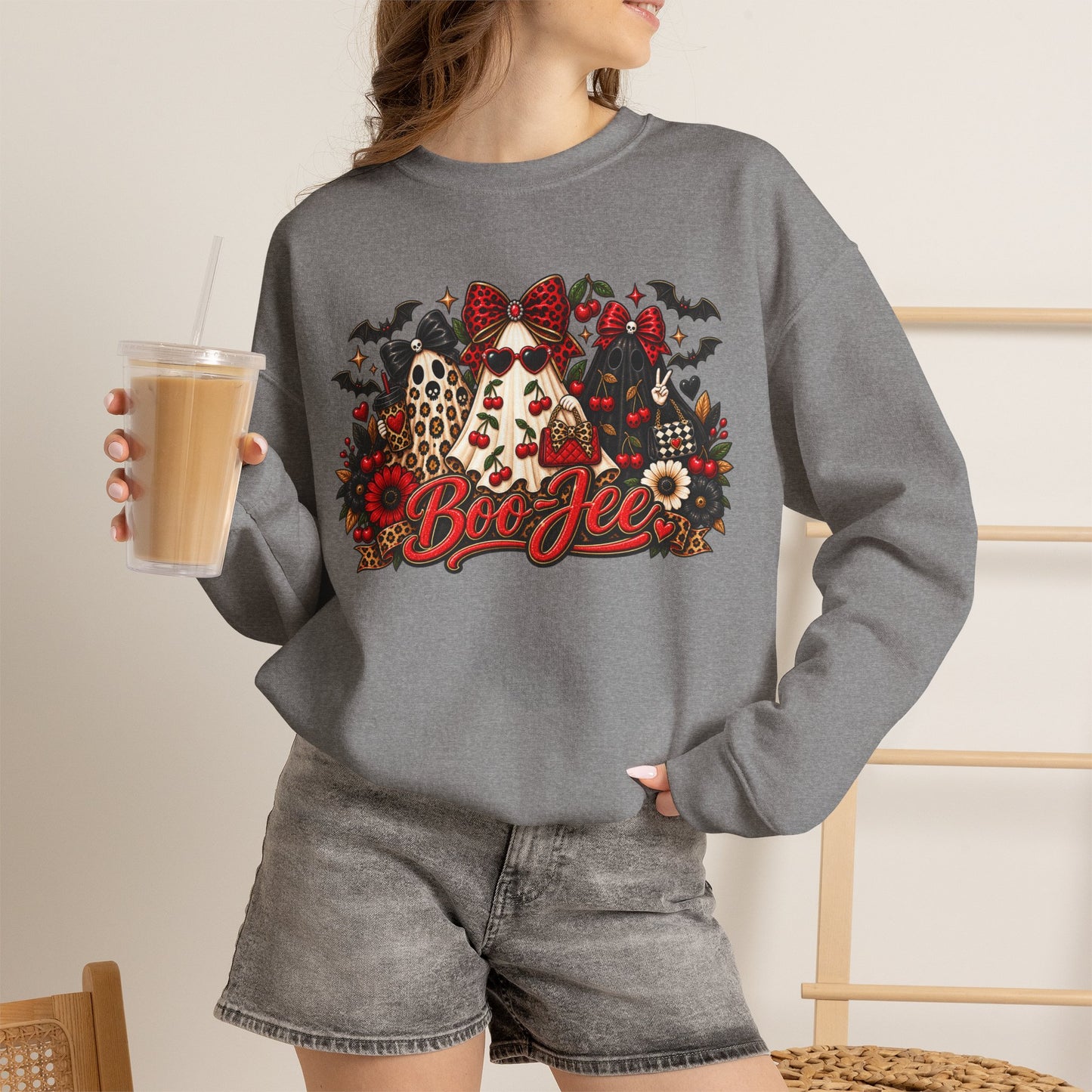 Halloween Boo Crewneck Sweatshirt — Cute Ghosts, Bats & Plaid Pumpkin Design