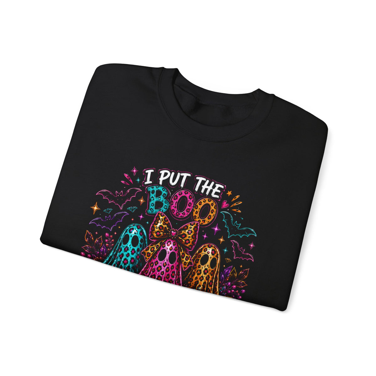 Halloween Crewneck Sweatshirt - "I Put the Boo in Boo-tee" Colorful Ghosts