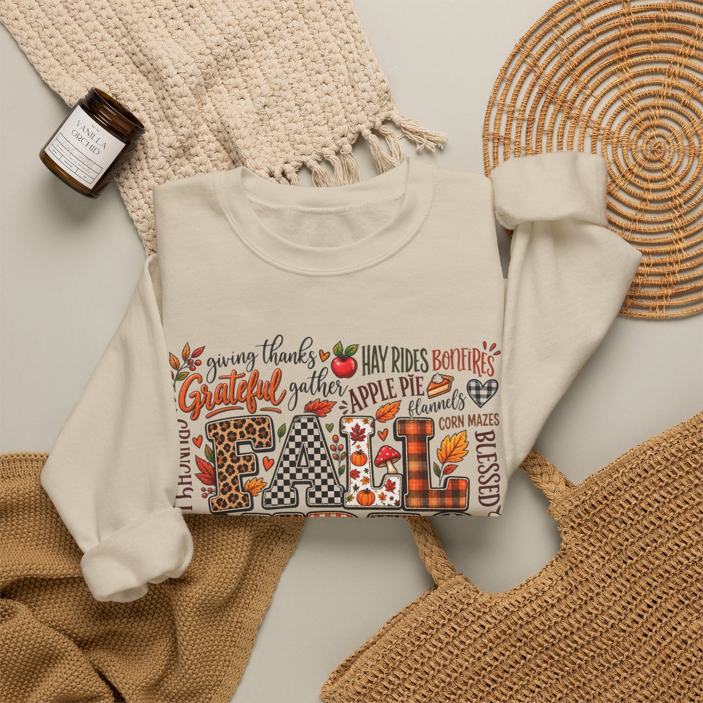 Fall Vibes Crewneck Sweatshirt — Autumn Leaves, Pumpkins & Cozy Plaid Design