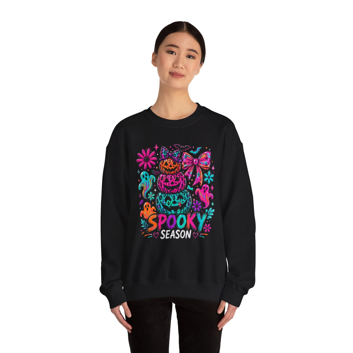 Spooky Season Sweatshirt — Colorful Neon Halloween Pumpkin & Ghost Crewneck