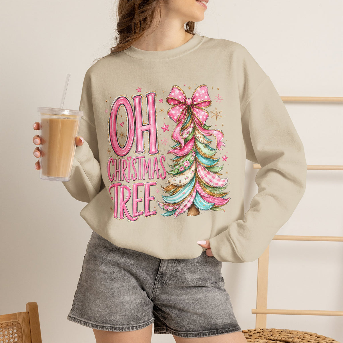 Oh Christmas Tree Sweatshirt | Pink Bow Christmas Crewneck for Women | Girly Holiday Graphic Sweatshirt