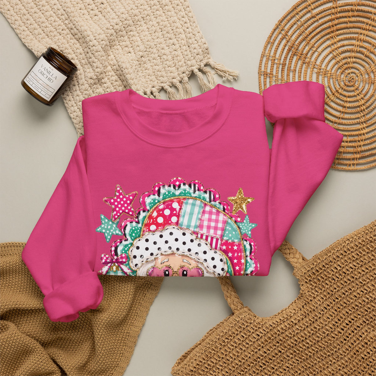 Pink Patchwork Santa Sweatshirt — Cute Christmas Crewneck for Women & Kids